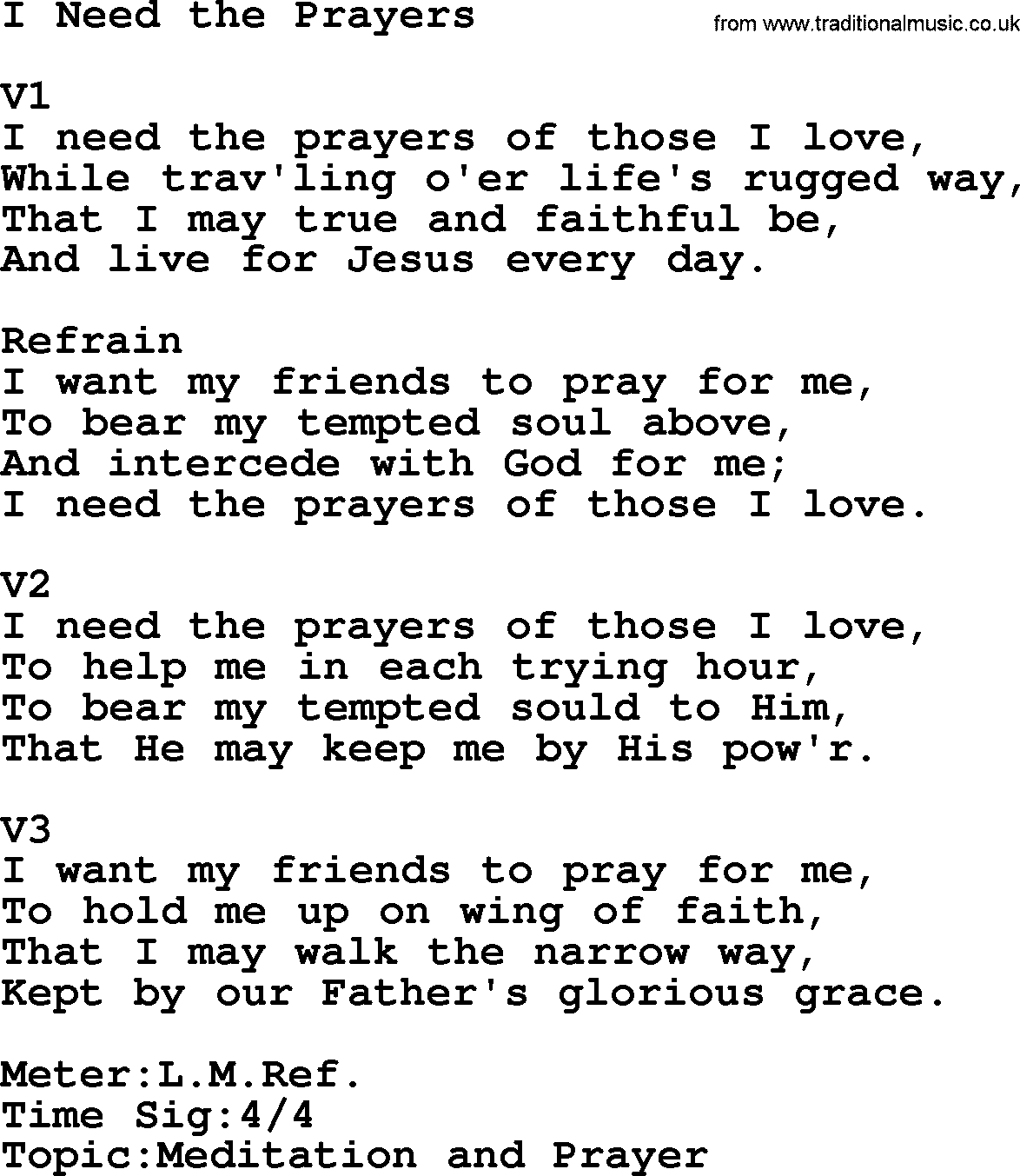 Adventist Hynms collection, Hymn: I Need The Prayers, lyrics with PDF
