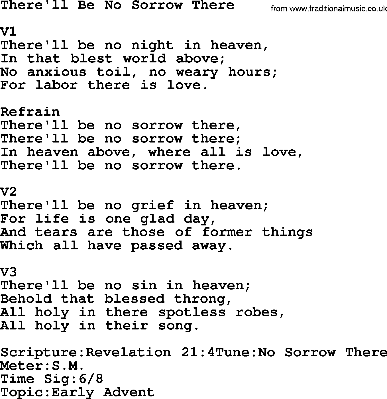 Adventist Hynms collection, Hymn: There'll Be No Sorrow There, lyrics with PDF