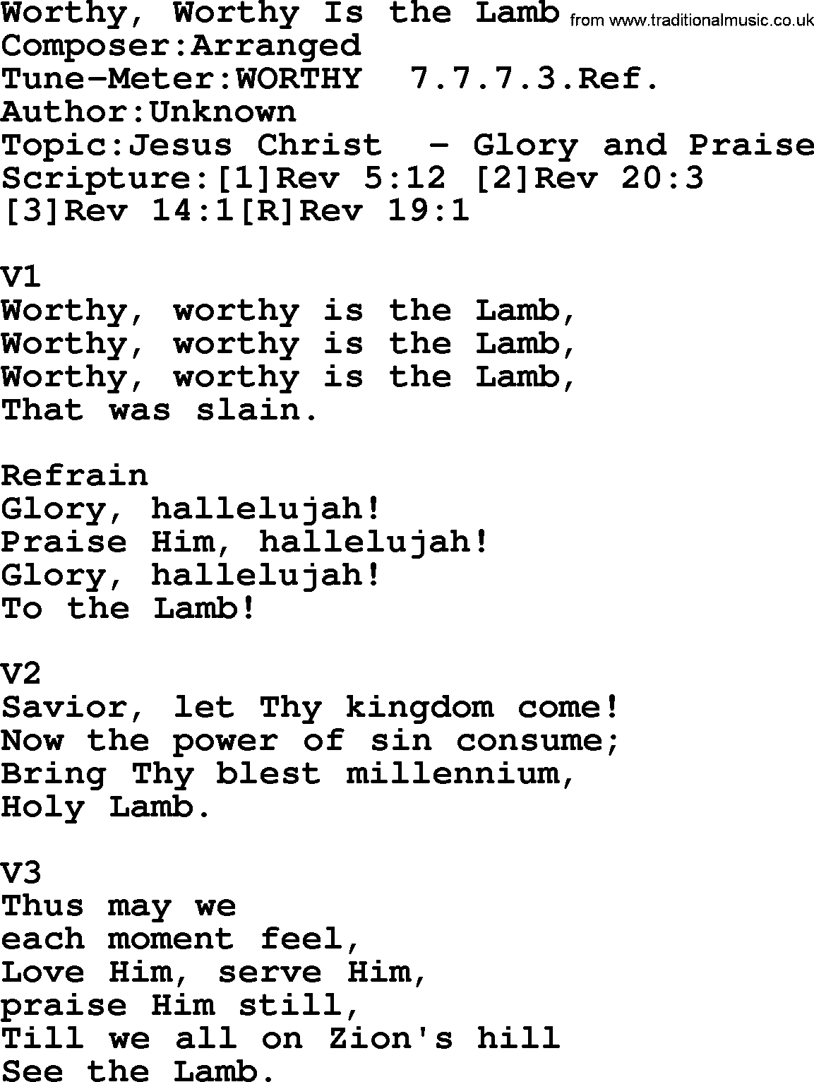 Adventist Hynms collection, Hymn: Worthy, Worthy Is The Lamb, lyrics with PDF