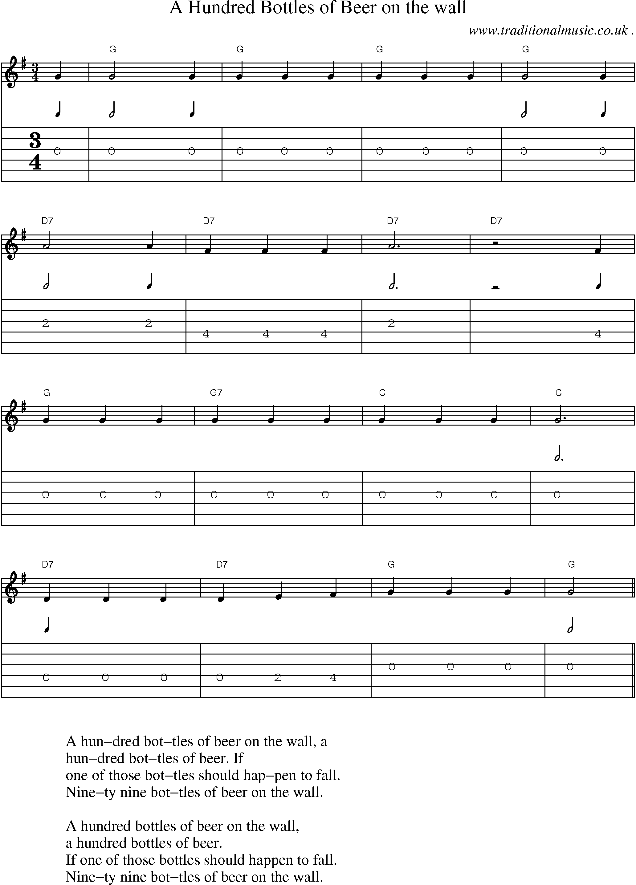 Music Score and Guitar Tabs for A Hundred Bottles Of Beer On The Wall