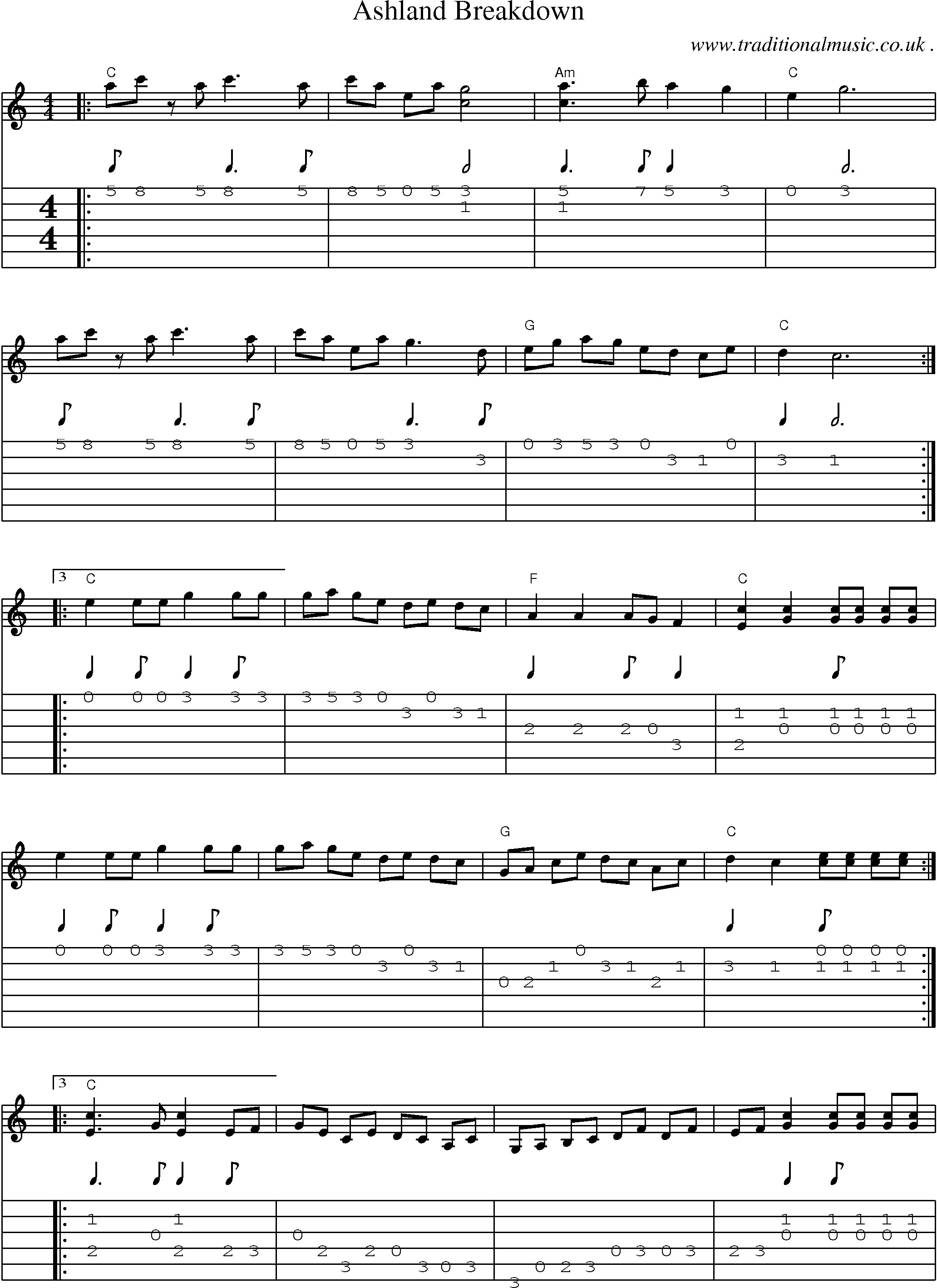 Music Score and Guitar Tabs for Ashland Breakdown
