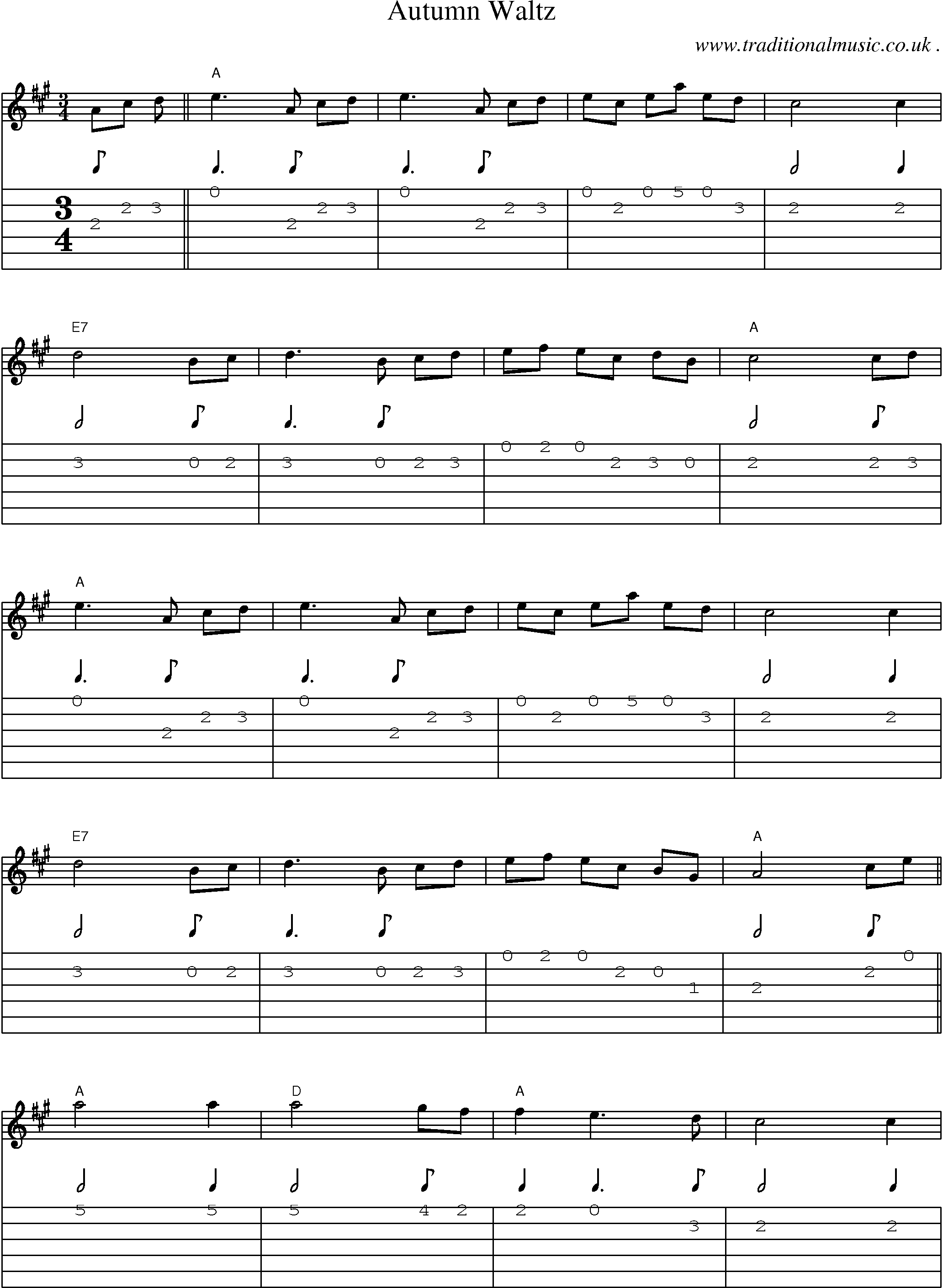 Music Score and Guitar Tabs for Autumn Waltz