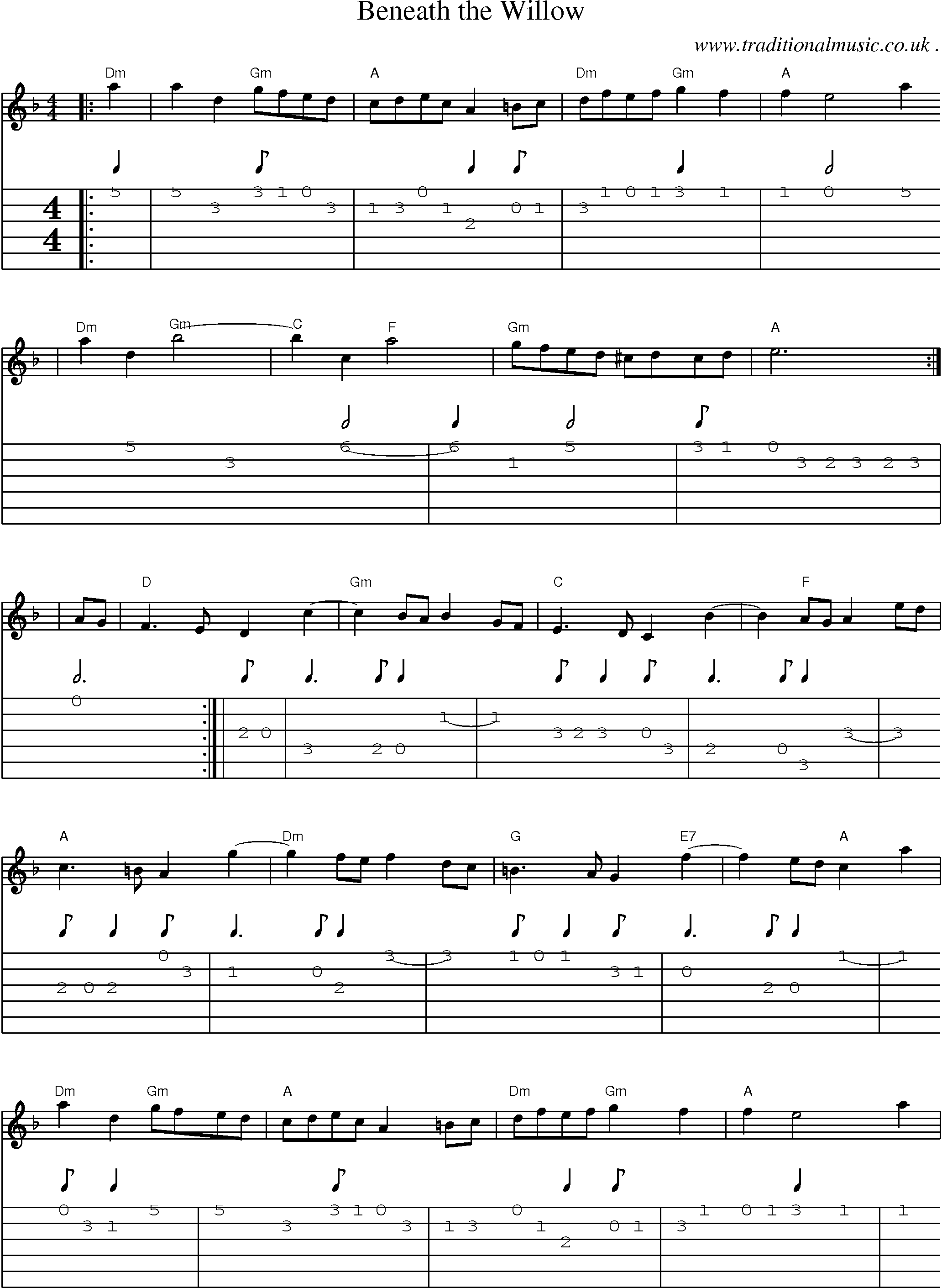 Music Score and Guitar Tabs for Beneath The Willow