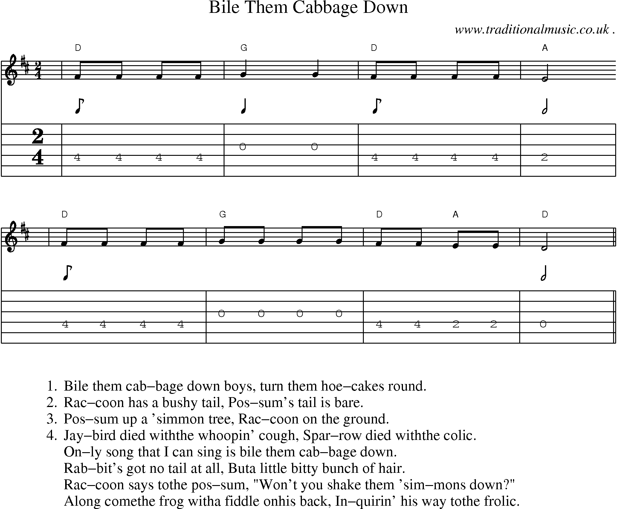 Music Score and Guitar Tabs for Bile Them Cabbage Down