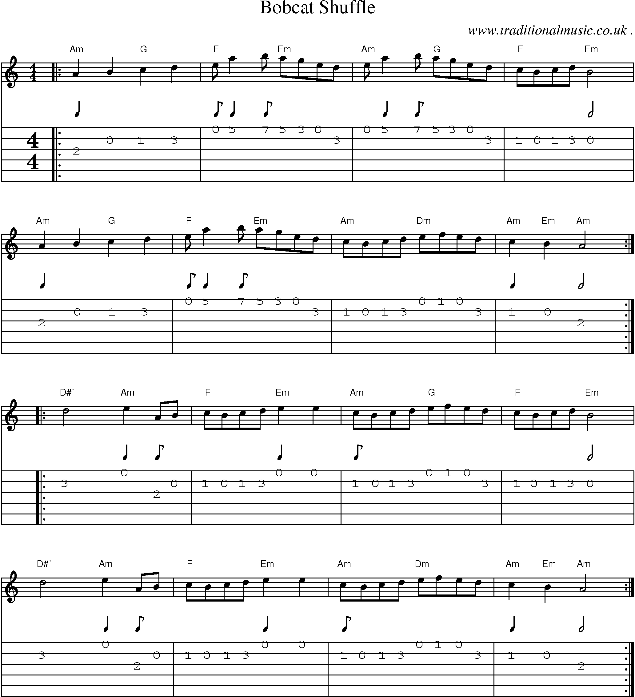 Music Score and Guitar Tabs for Bobcat Shuffle
