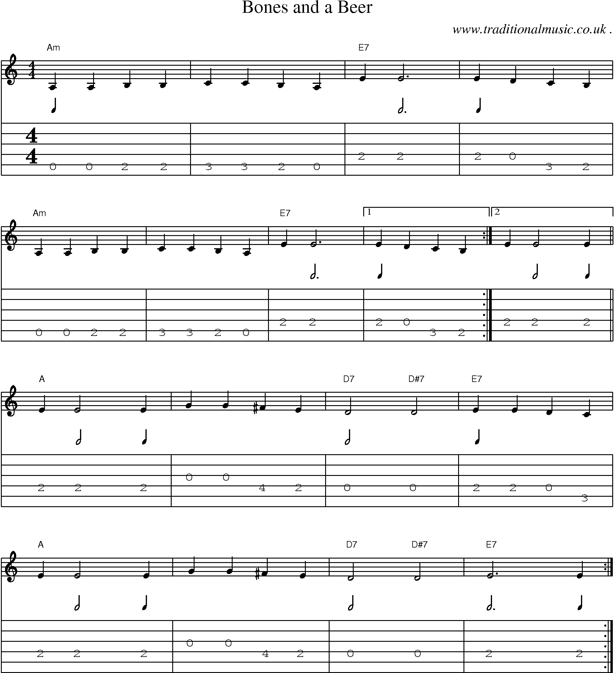 Music Score and Guitar Tabs for Bones And A Beer