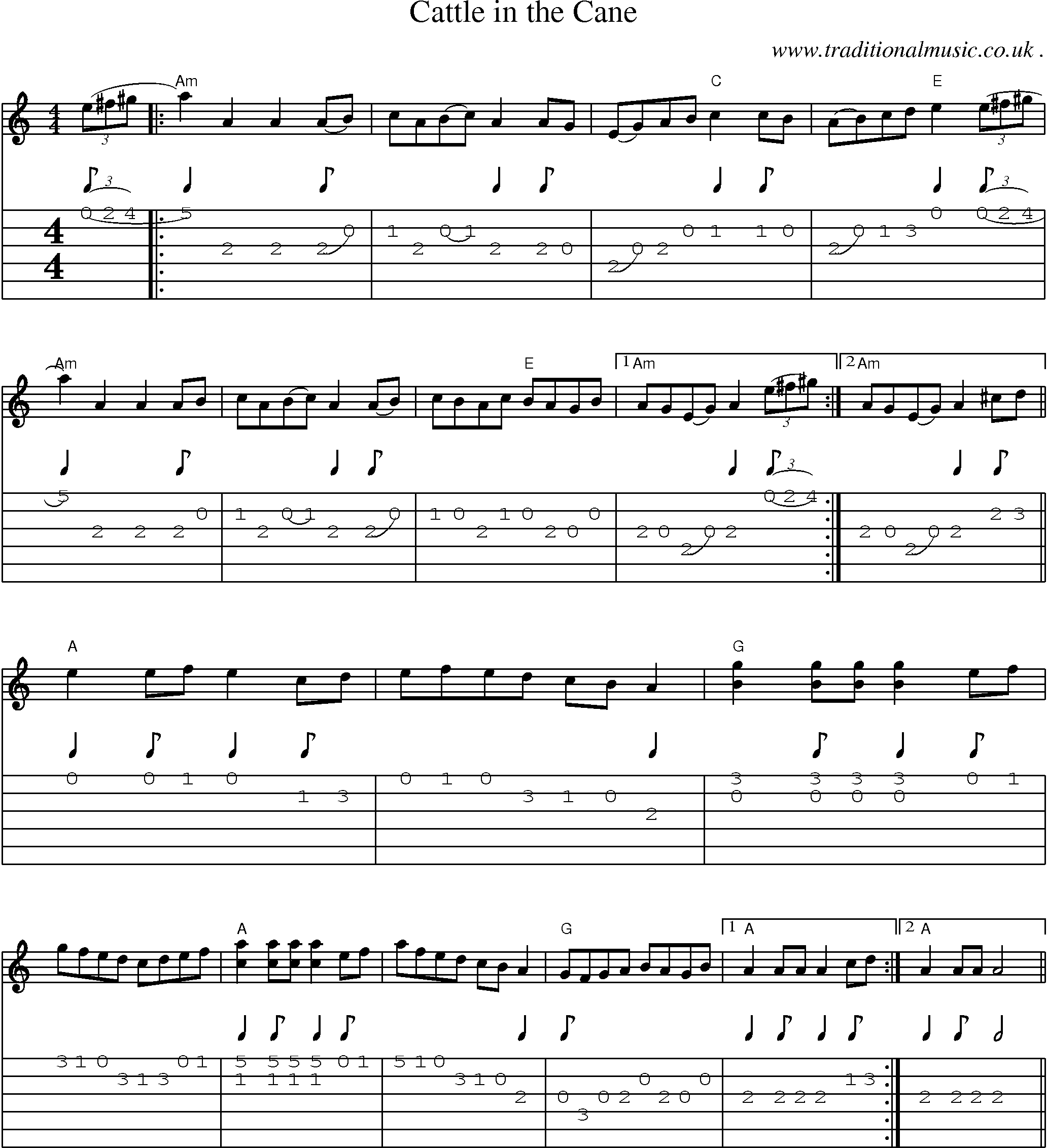 Music Score and Guitar Tabs for Cattle In The Cane