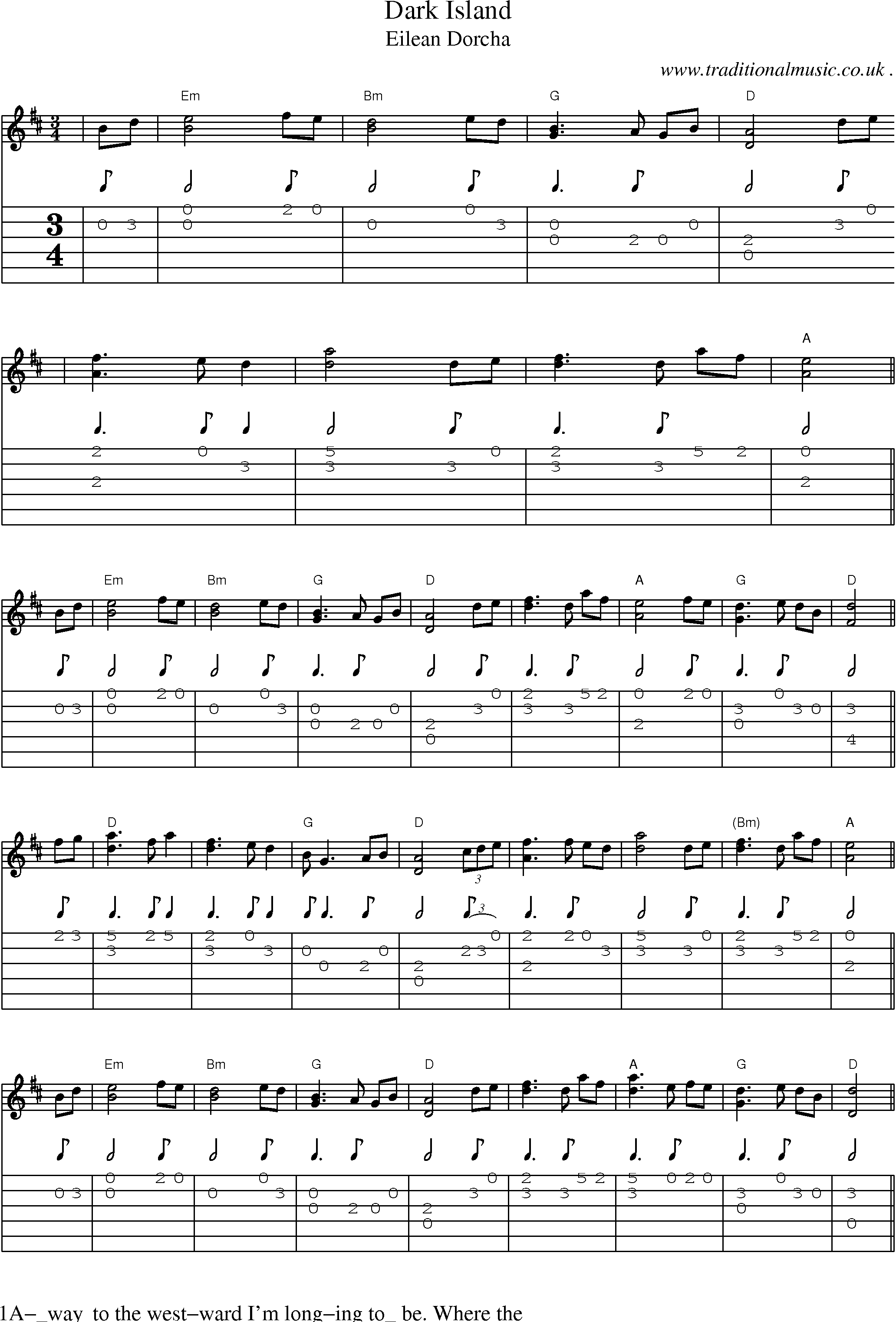 Music Score and Guitar Tabs for Dark Island