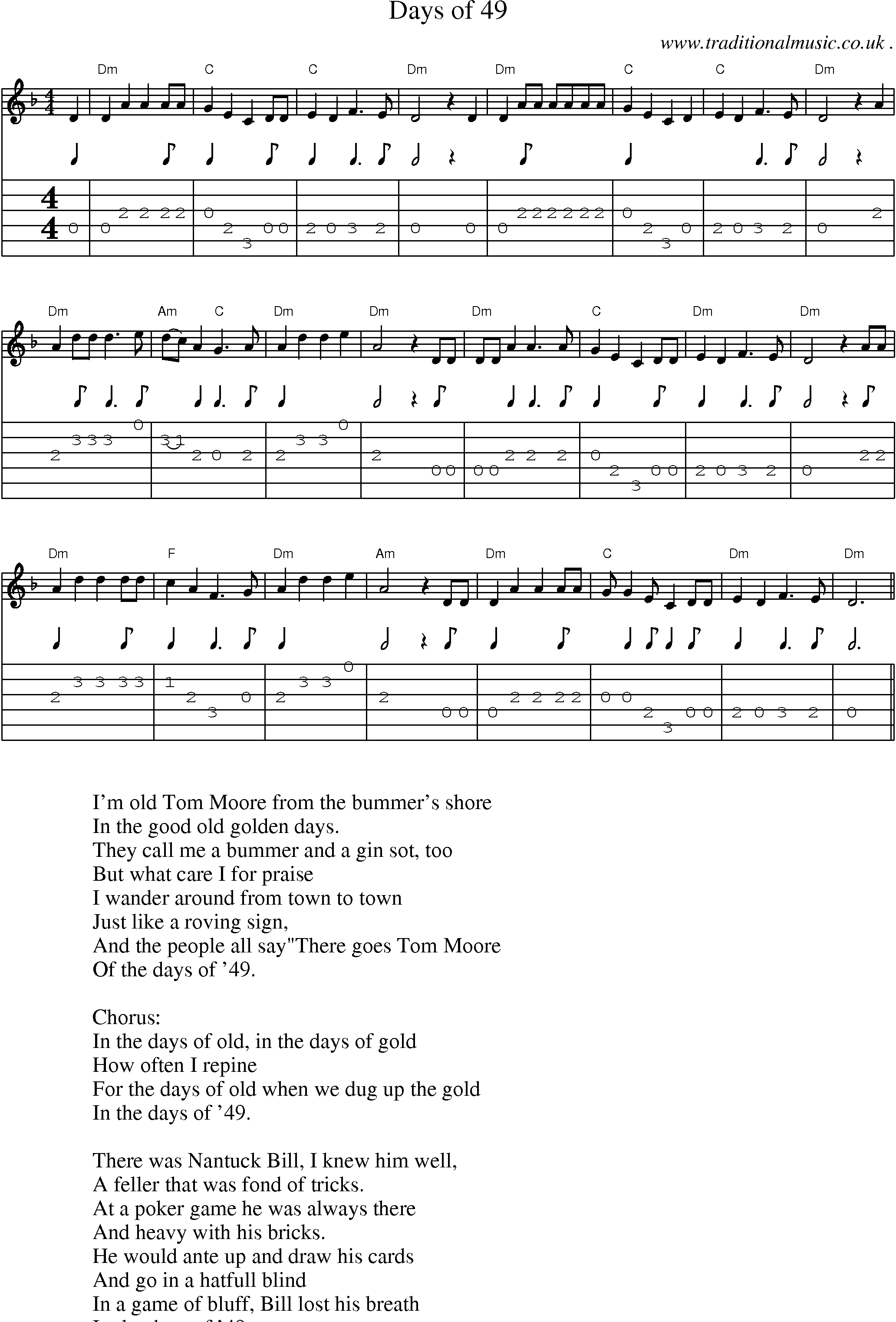 Music Score and Guitar Tabs for Days Of 49