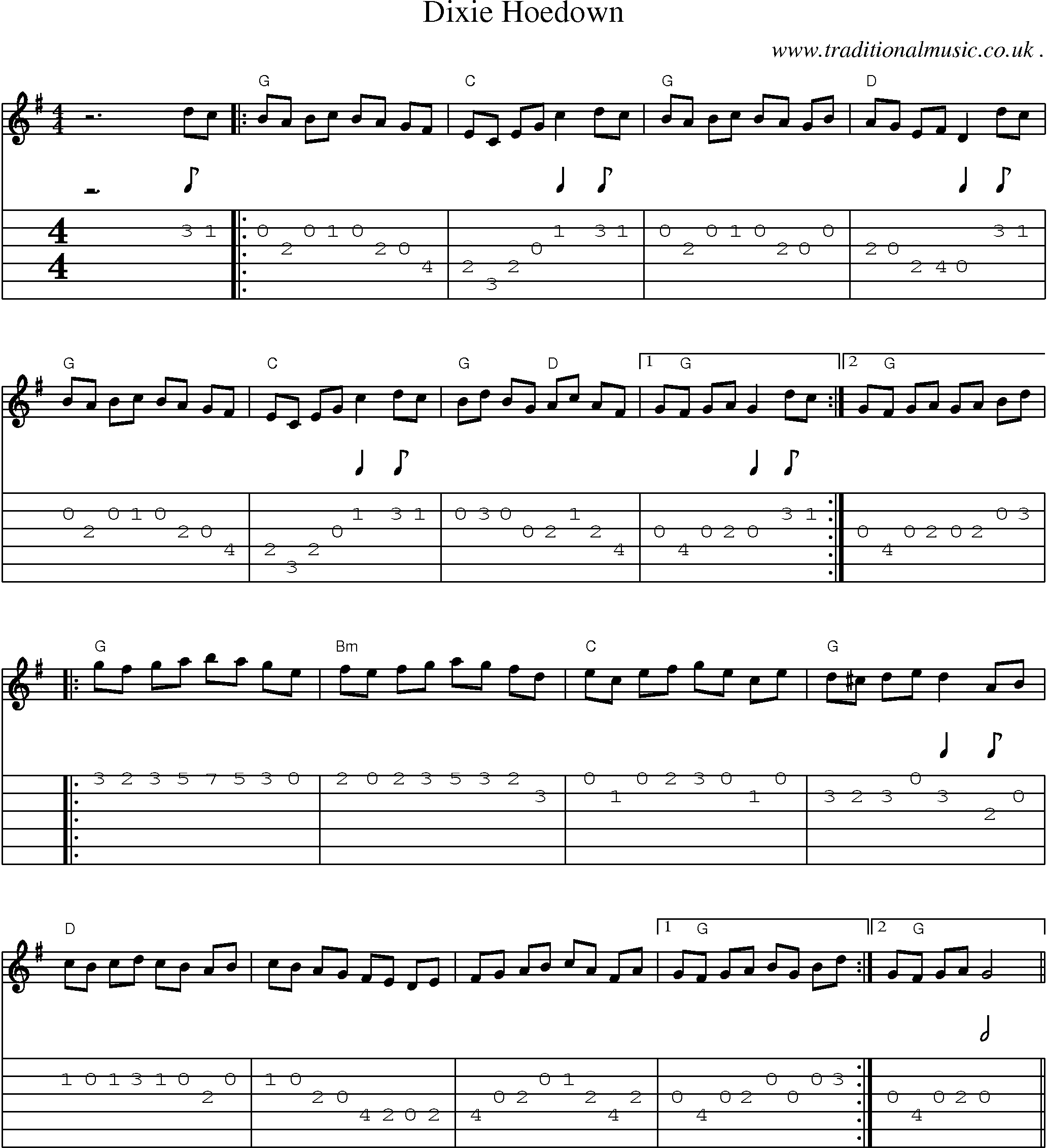 Music Score and Guitar Tabs for Dixie Hoedown
