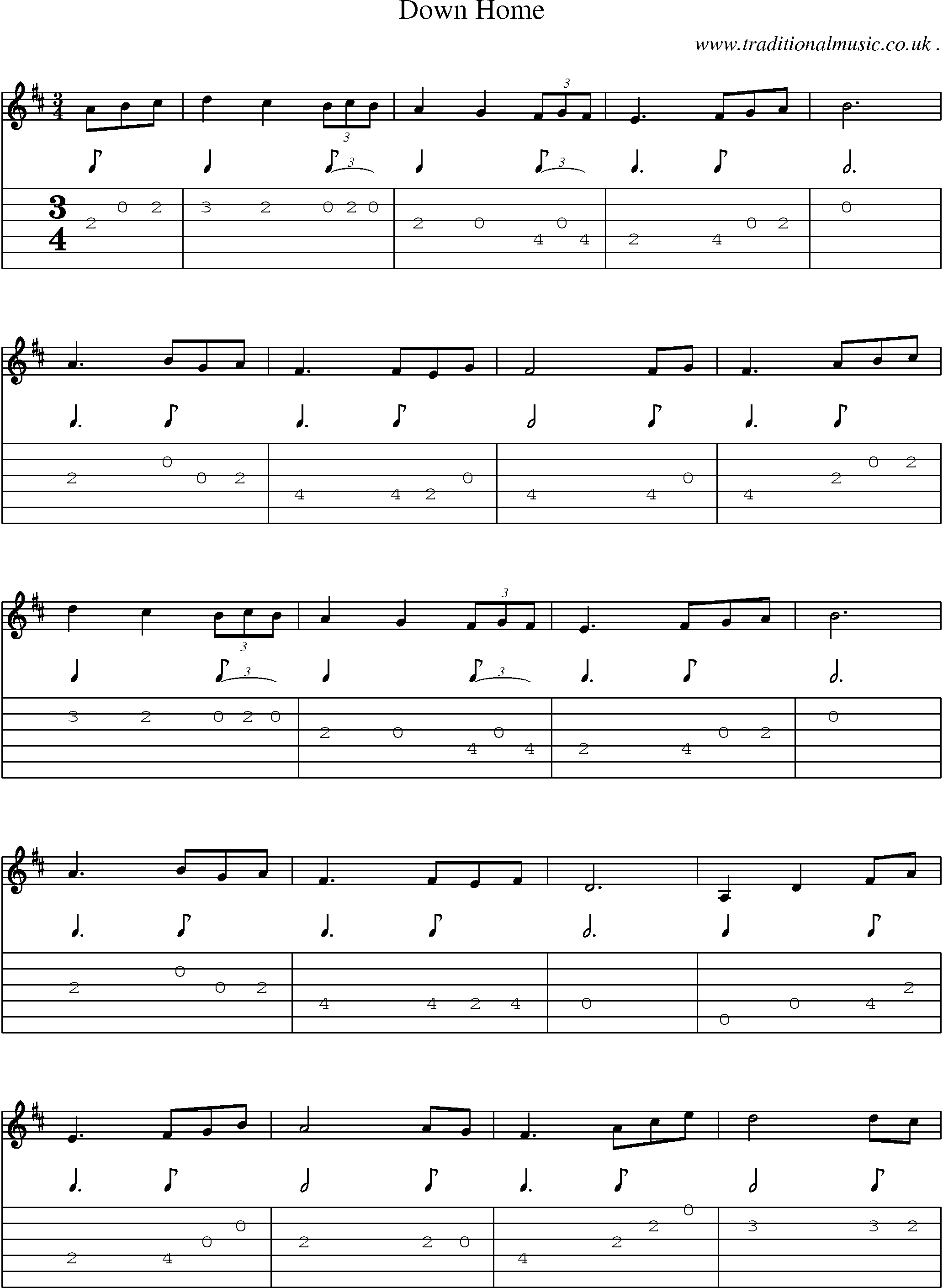 Music Score and Guitar Tabs for Down Home