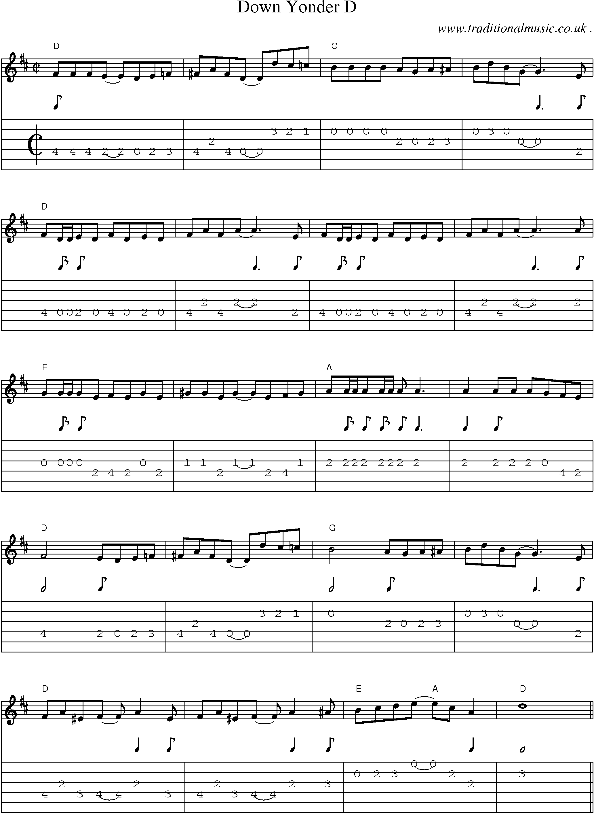 Music Score and Guitar Tabs for Down Yonder D