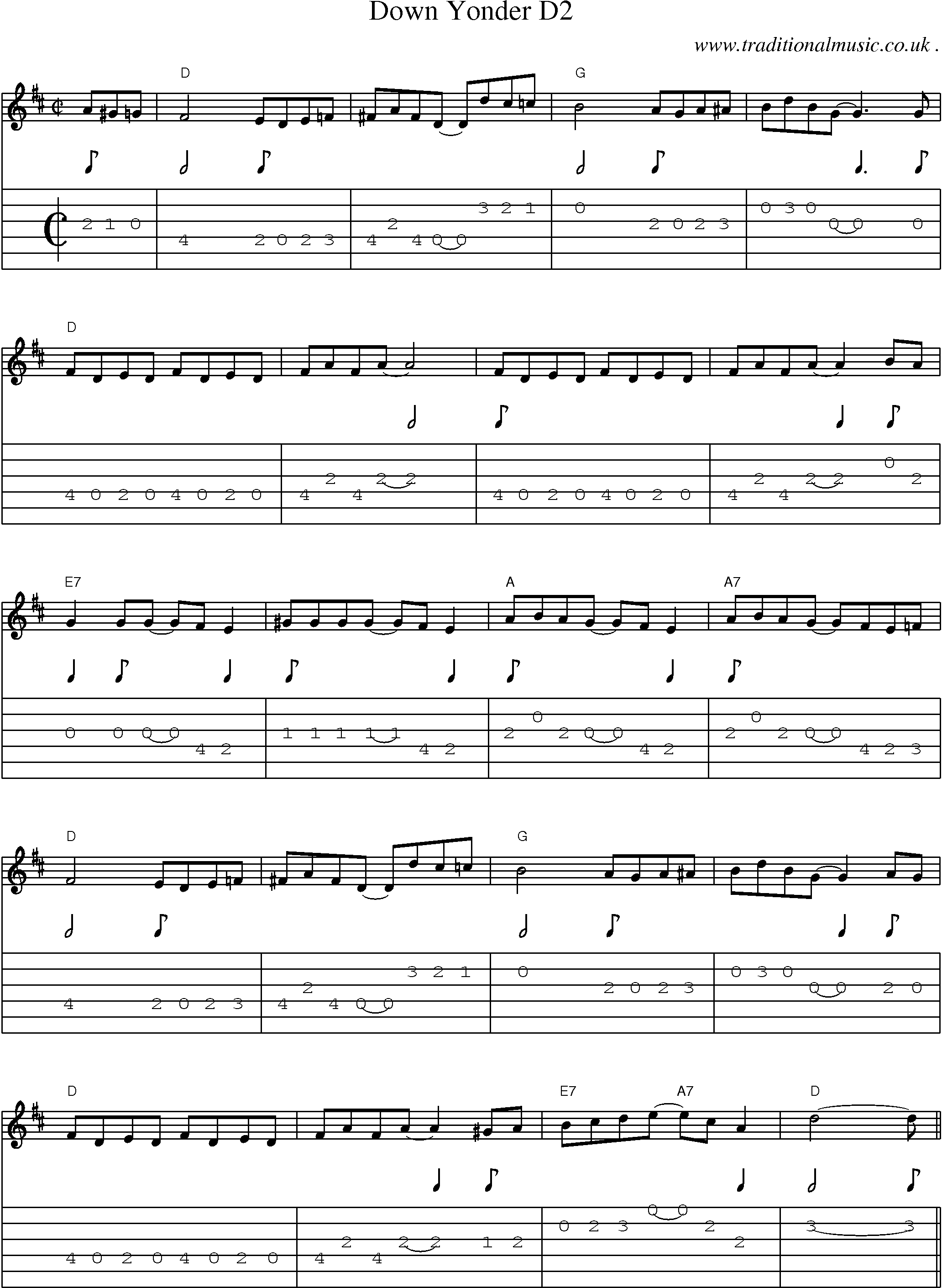 Music Score and Guitar Tabs for Down Yonder D2