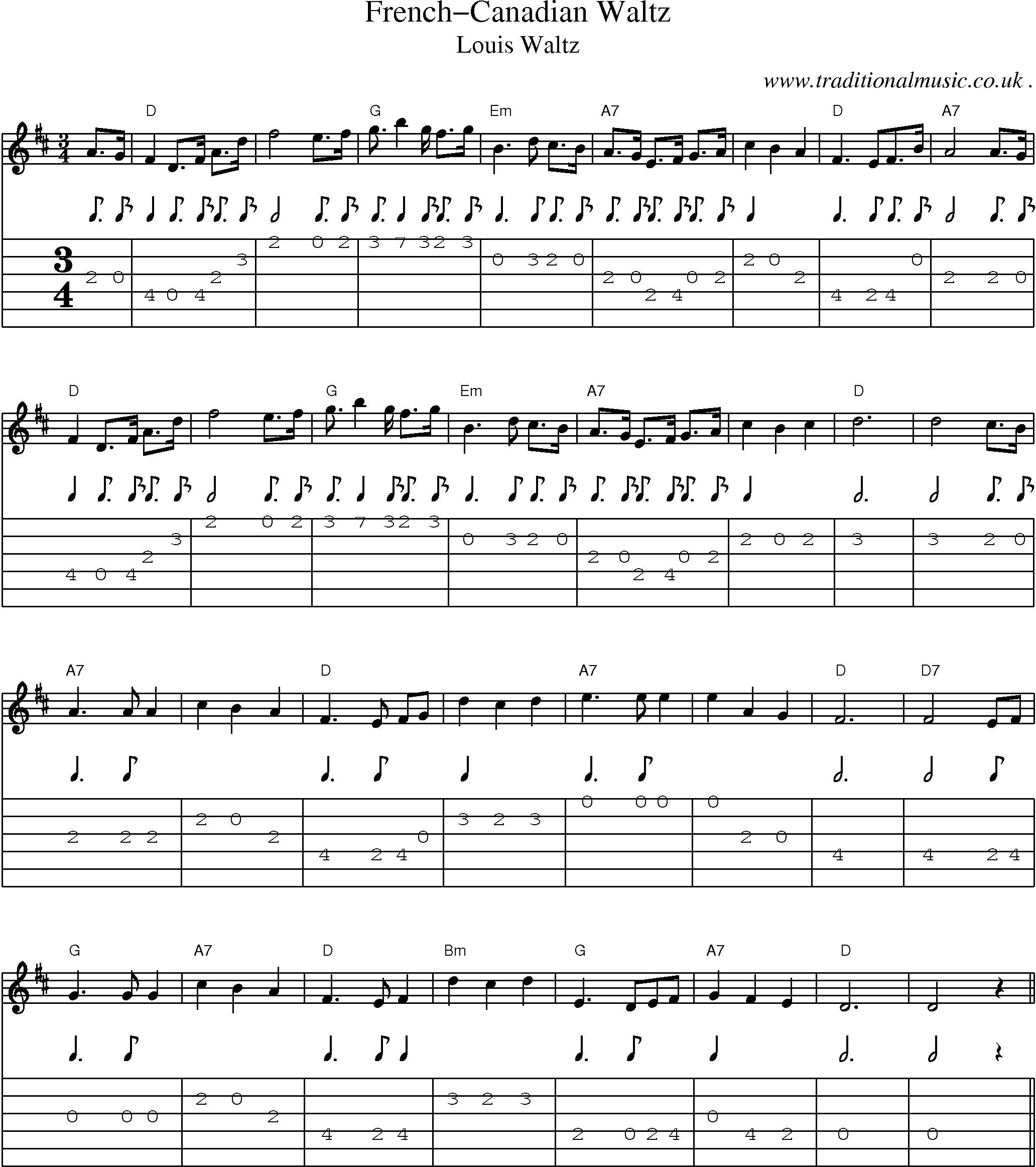 Music Score and Guitar Tabs for French-canadian Waltz