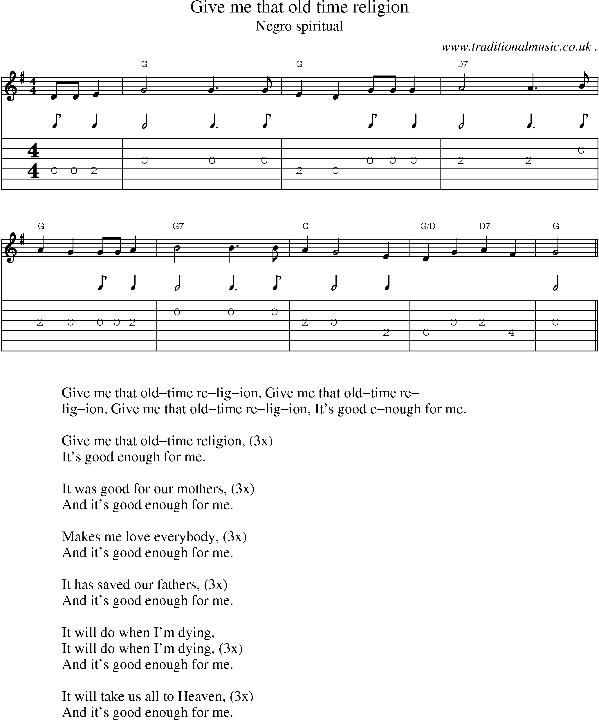 Music Score and Guitar Tabs for Give Me That Old Time Religion