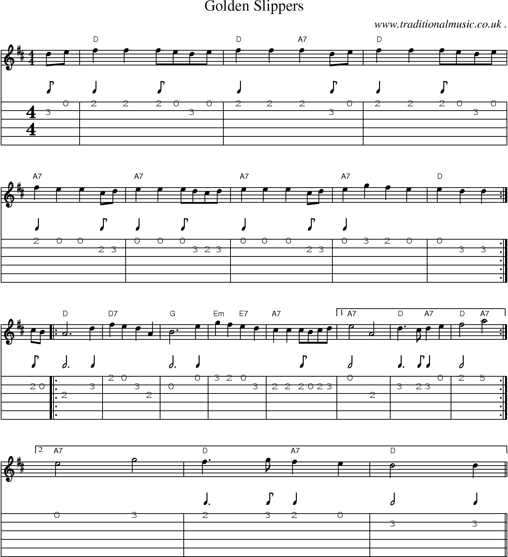 Music Score and Guitar Tabs for Golden Slippers