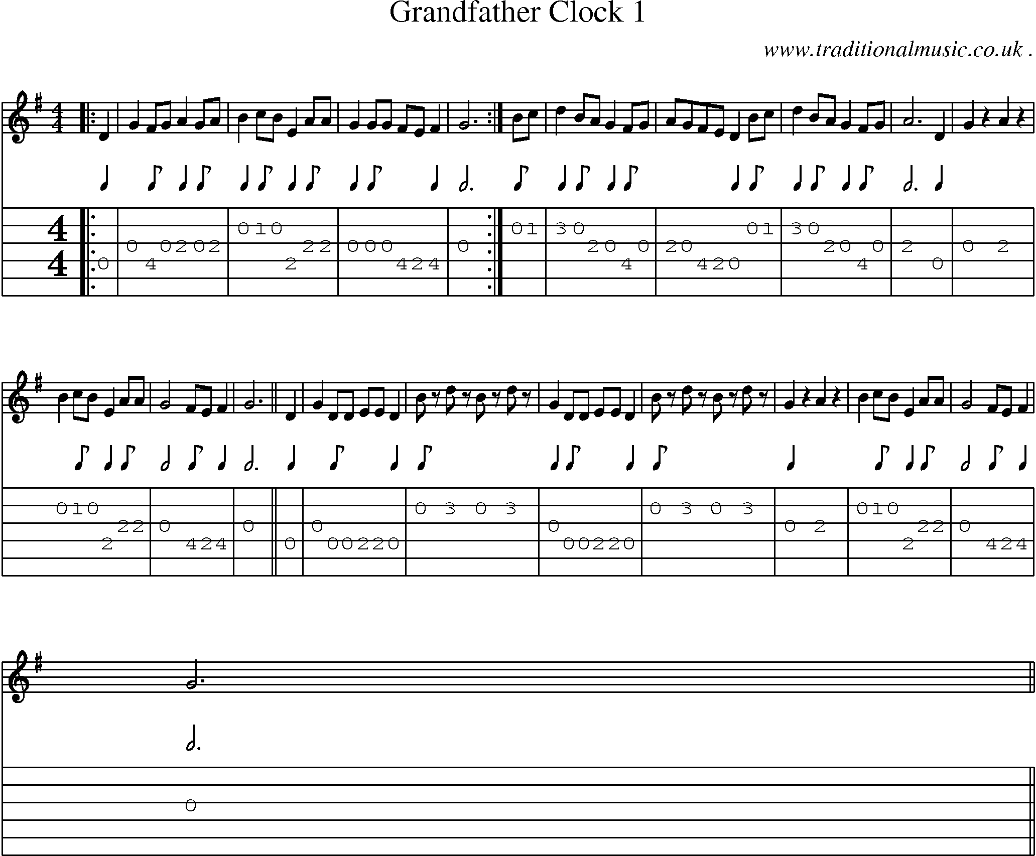Music Score and Guitar Tabs for Grandfather Clock 1