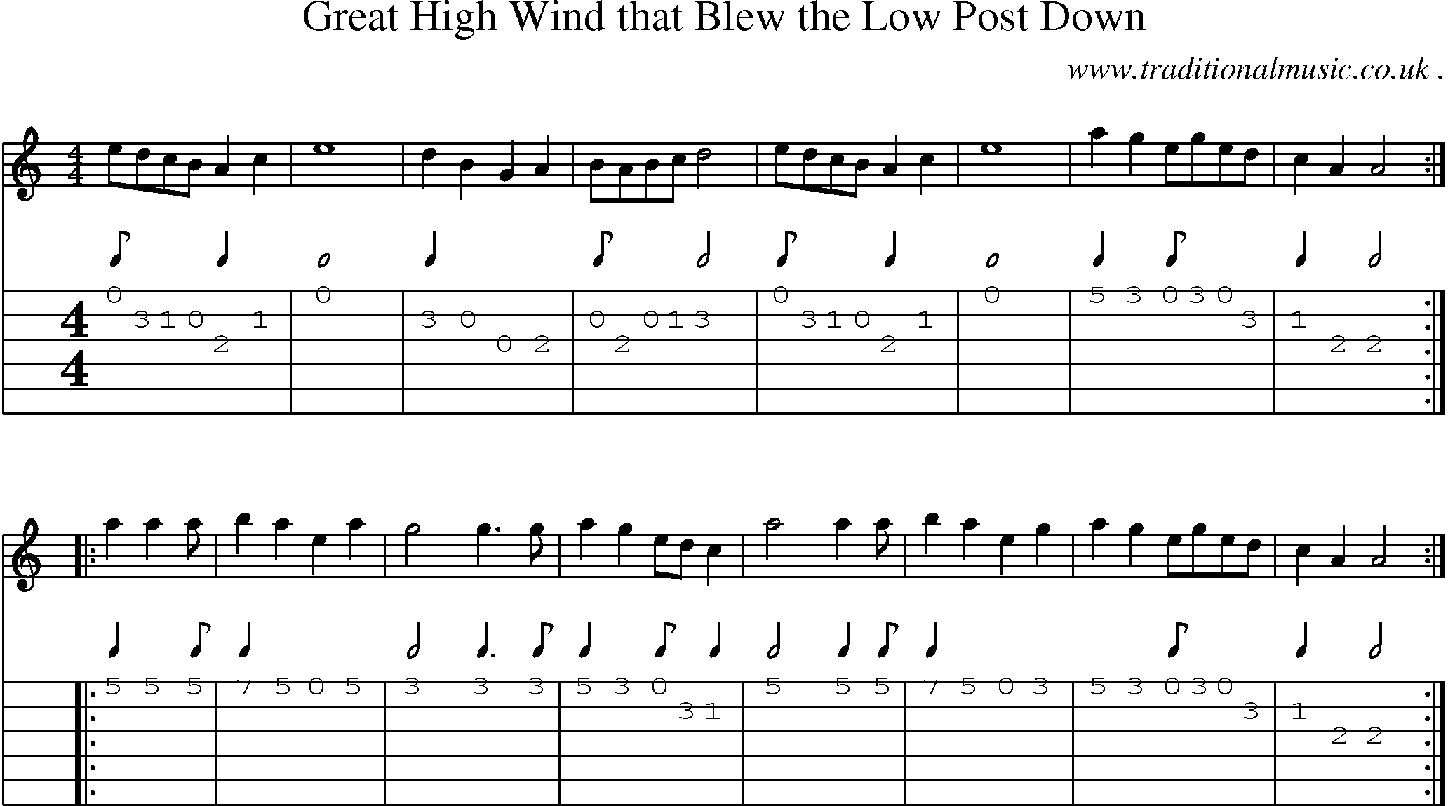 Music Score and Guitar Tabs for Great High Wind That Blew The Low Post Down