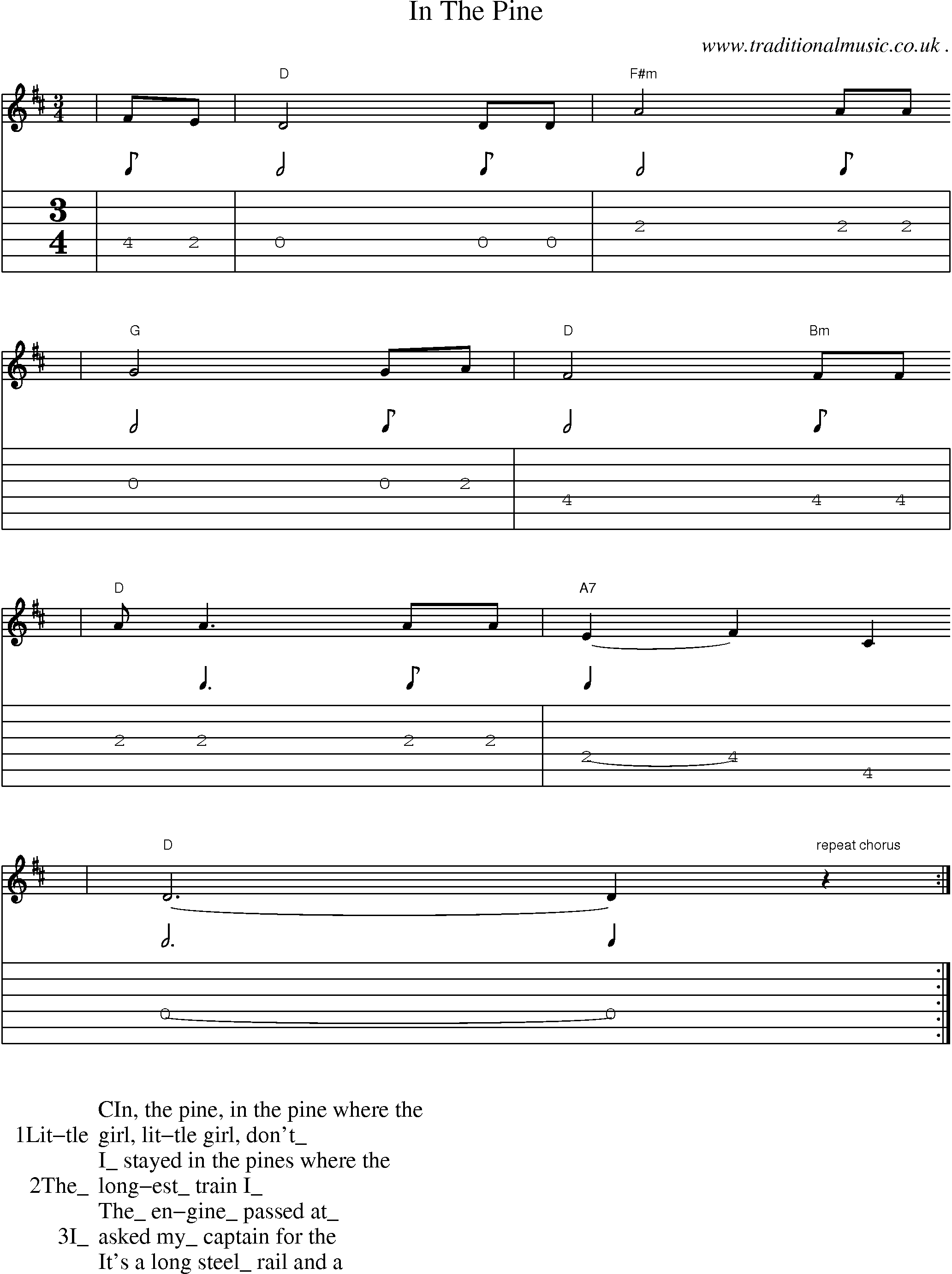 Music Score and Guitar Tabs for In The Pine