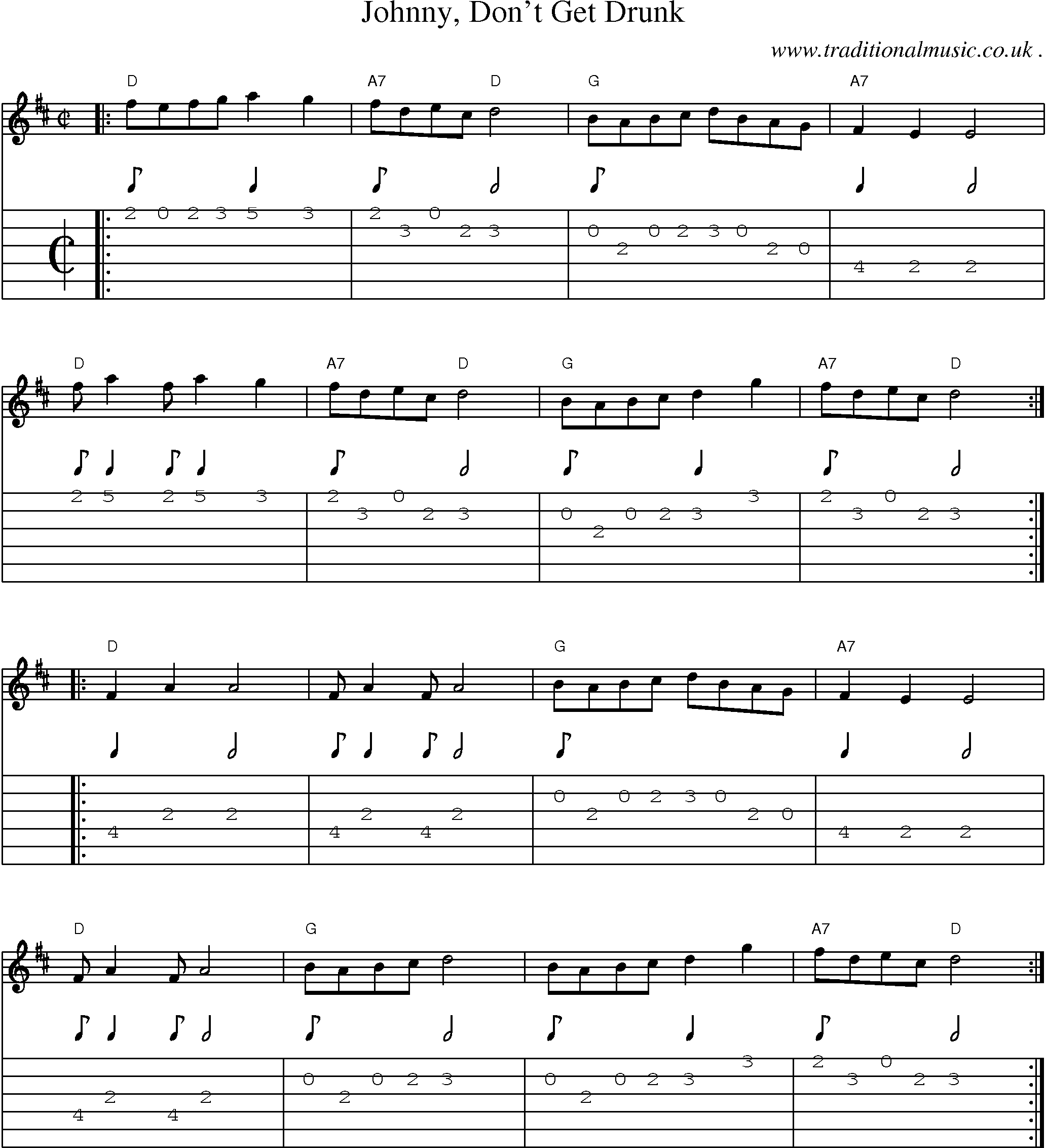 Music Score and Guitar Tabs for Johnny Dont Get Drunk