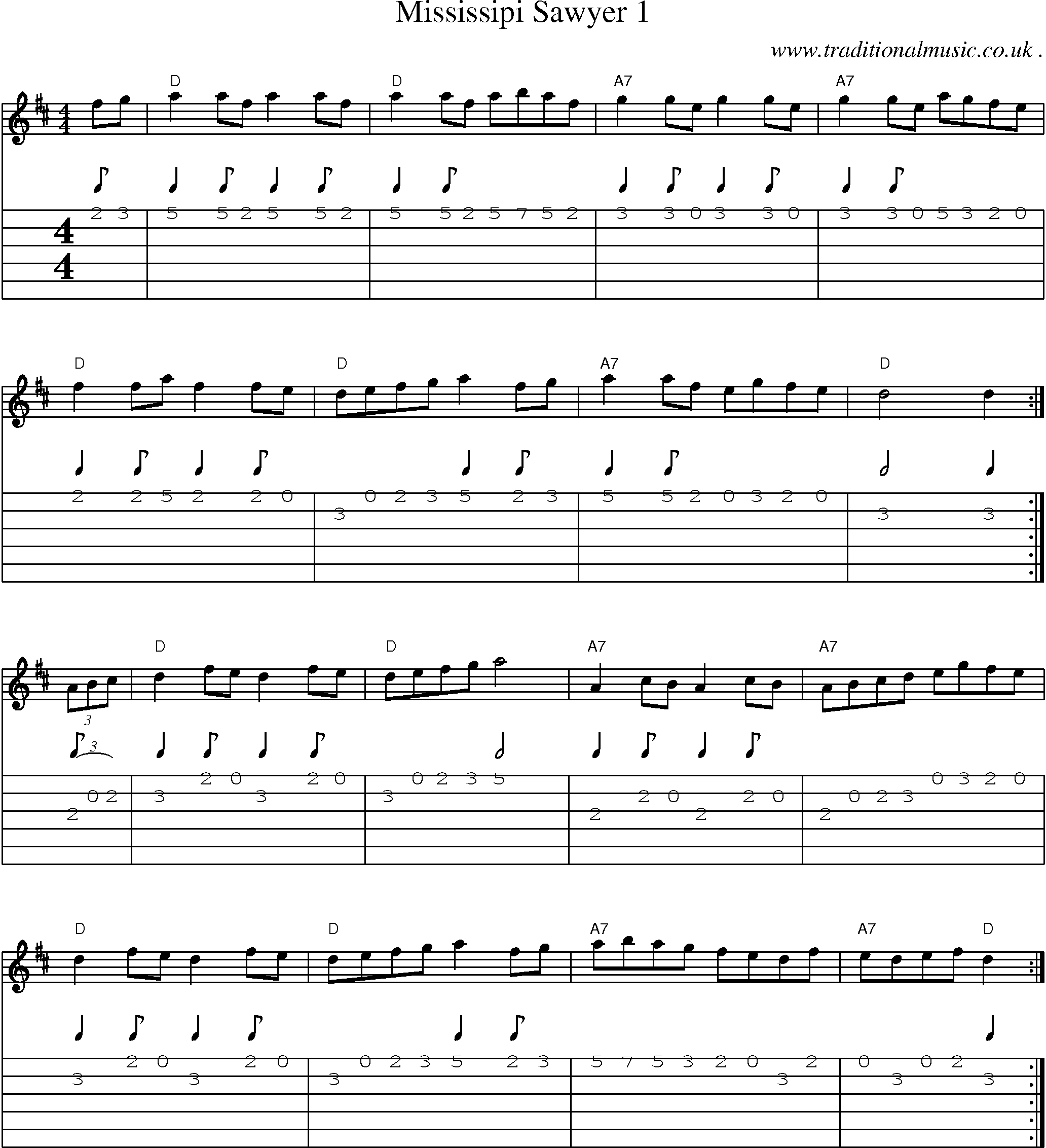 Music Score and Guitar Tabs for Mississipi Sawyer 1