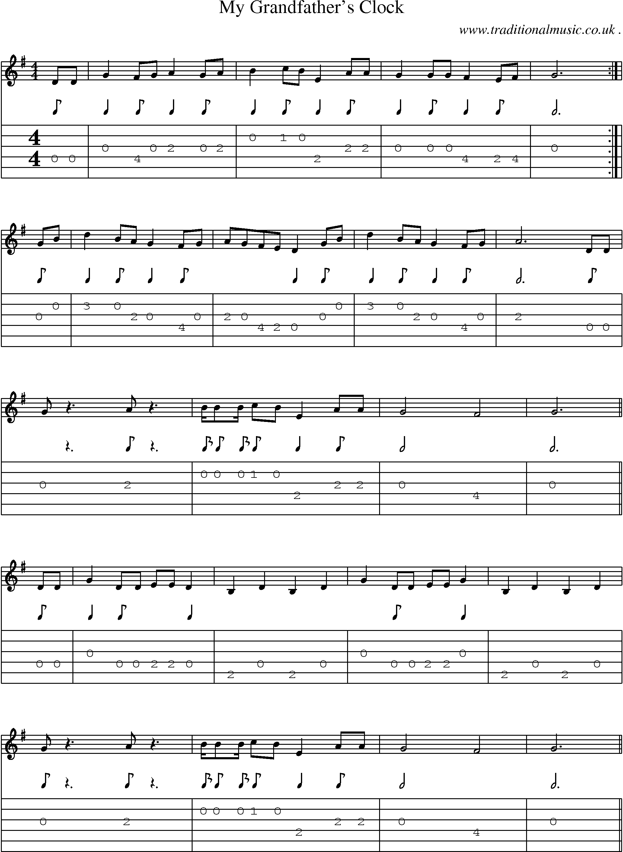 Music Score and Guitar Tabs for My Grandfathers Clock