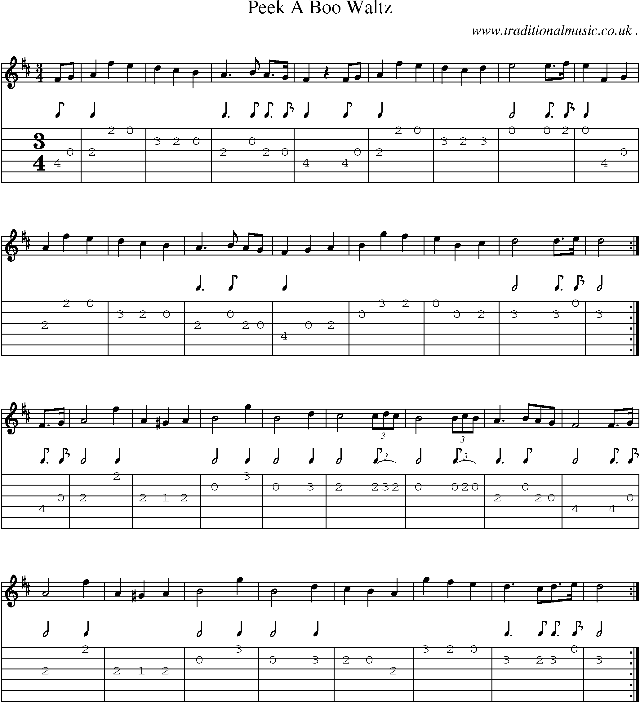 Music Score and Guitar Tabs for Peek A Boo Waltz