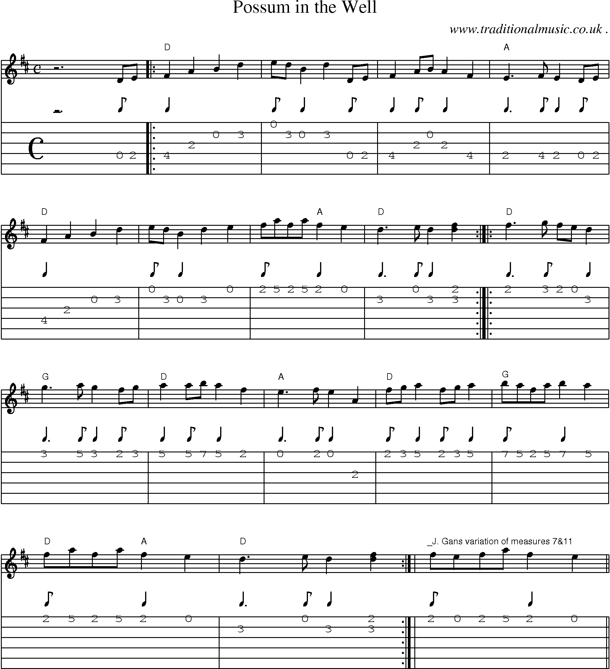 Music Score and Guitar Tabs for Possum In The Well
