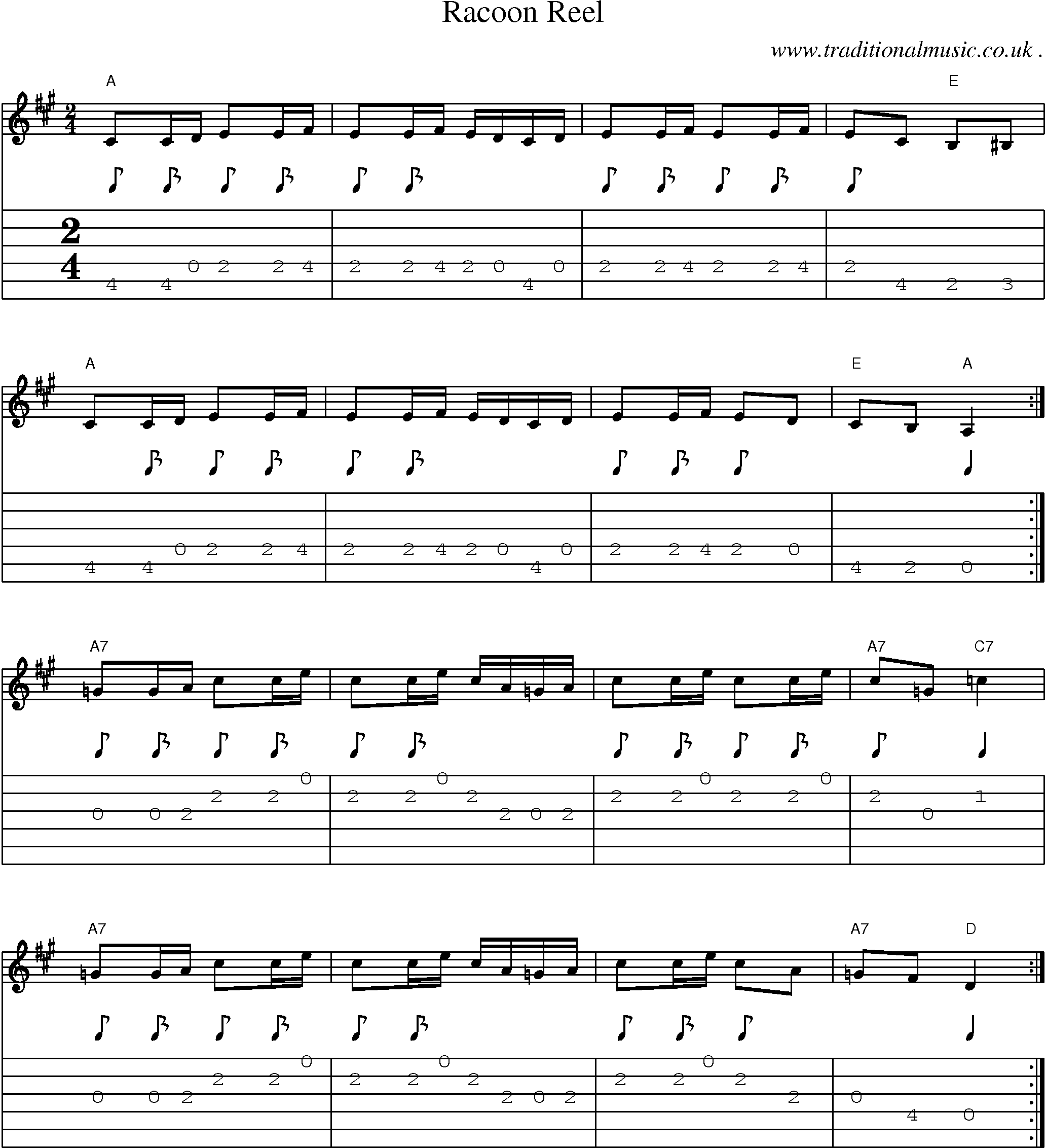 Music Score and Guitar Tabs for Racoon Reel