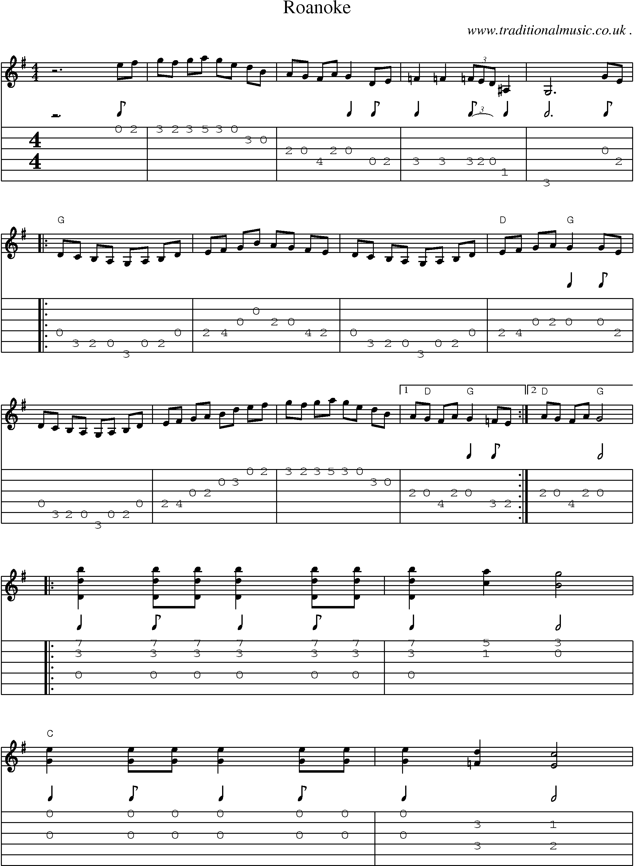 Music Score and Guitar Tabs for Roanoke