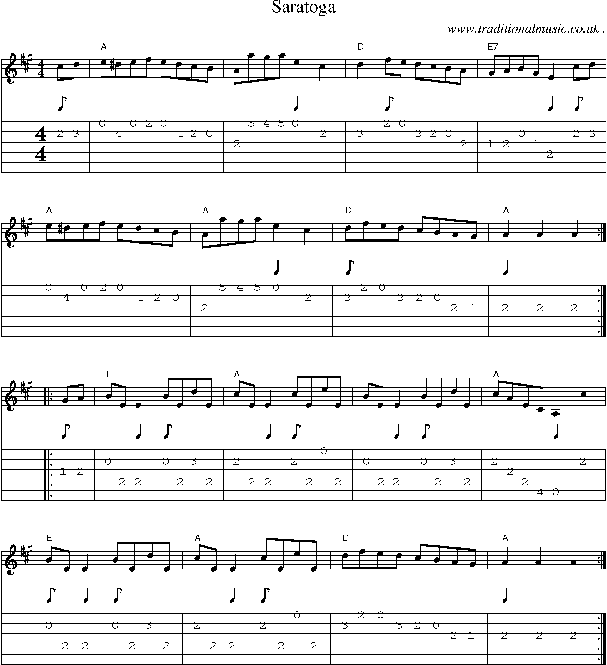 Music Score and Guitar Tabs for Saratoga