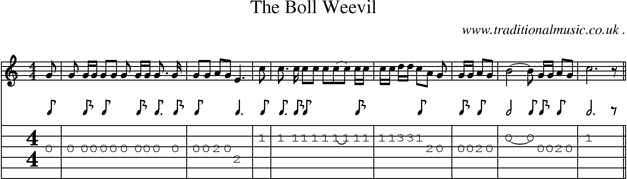Music Score and Guitar Tabs for The Boll Weevil