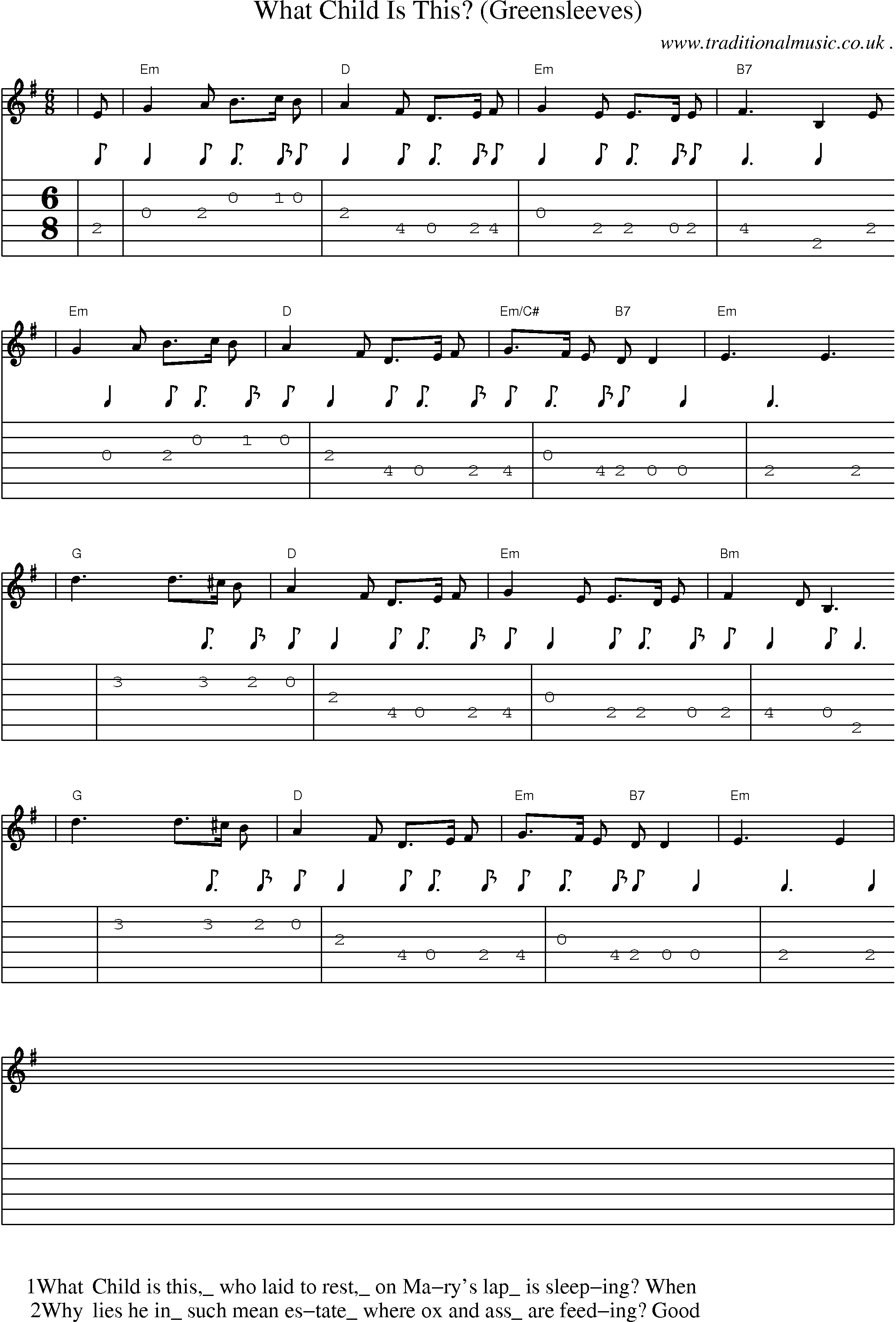 Music Score and Guitar Tabs for What Child Is This (greensleeves)