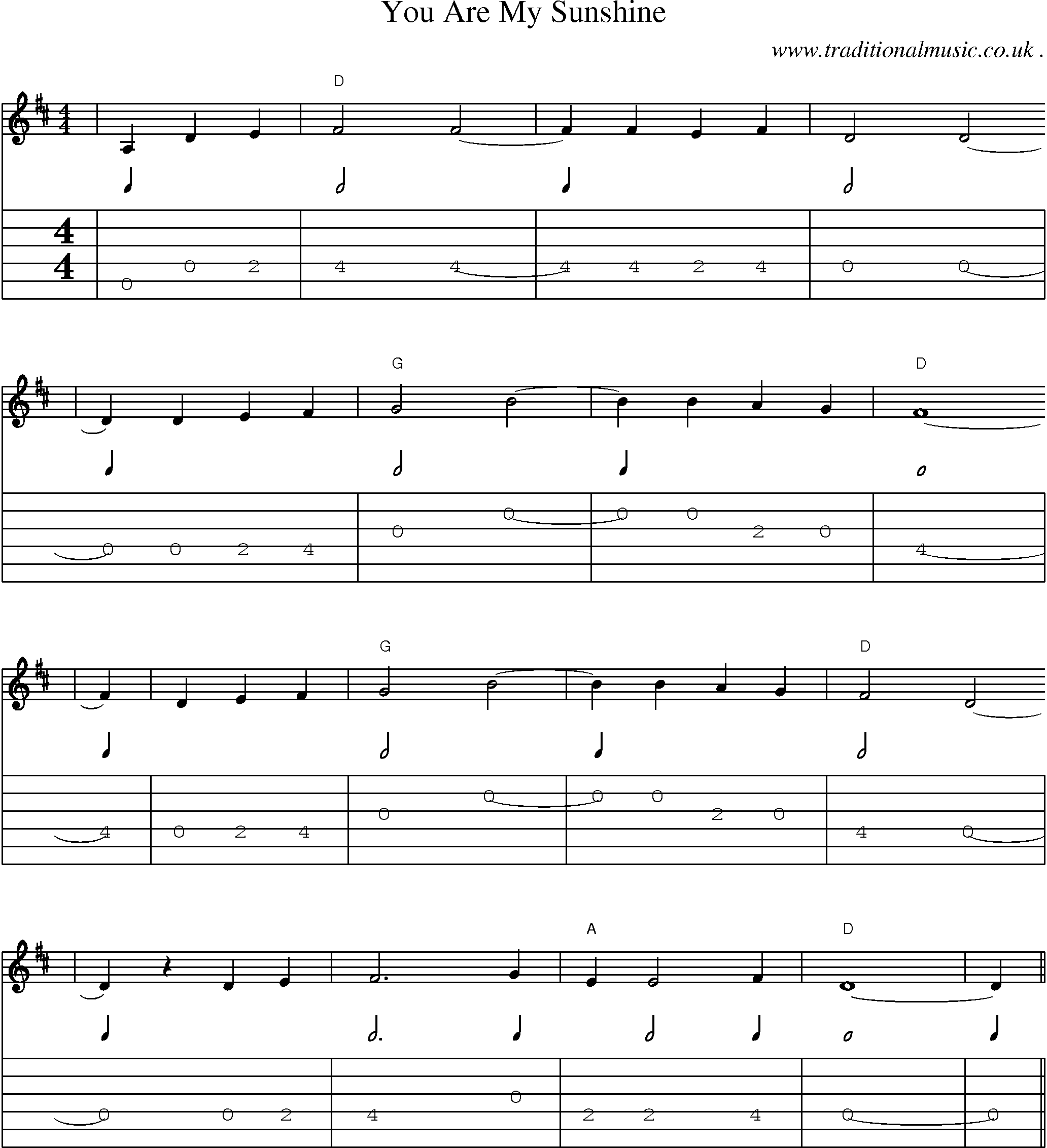 Music Score and Guitar Tabs for You Are My Sunshine