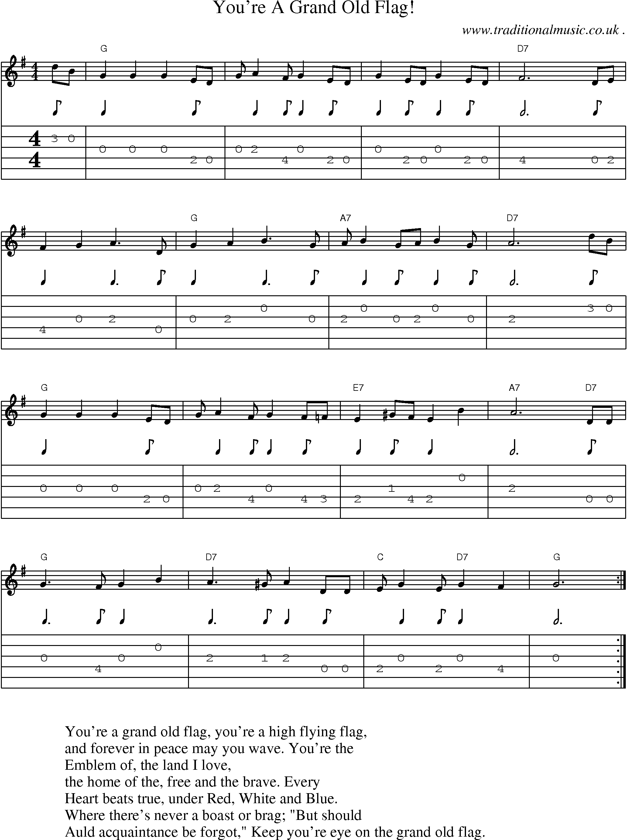 Music Score and Guitar Tabs for Youre A Grand Old Flag