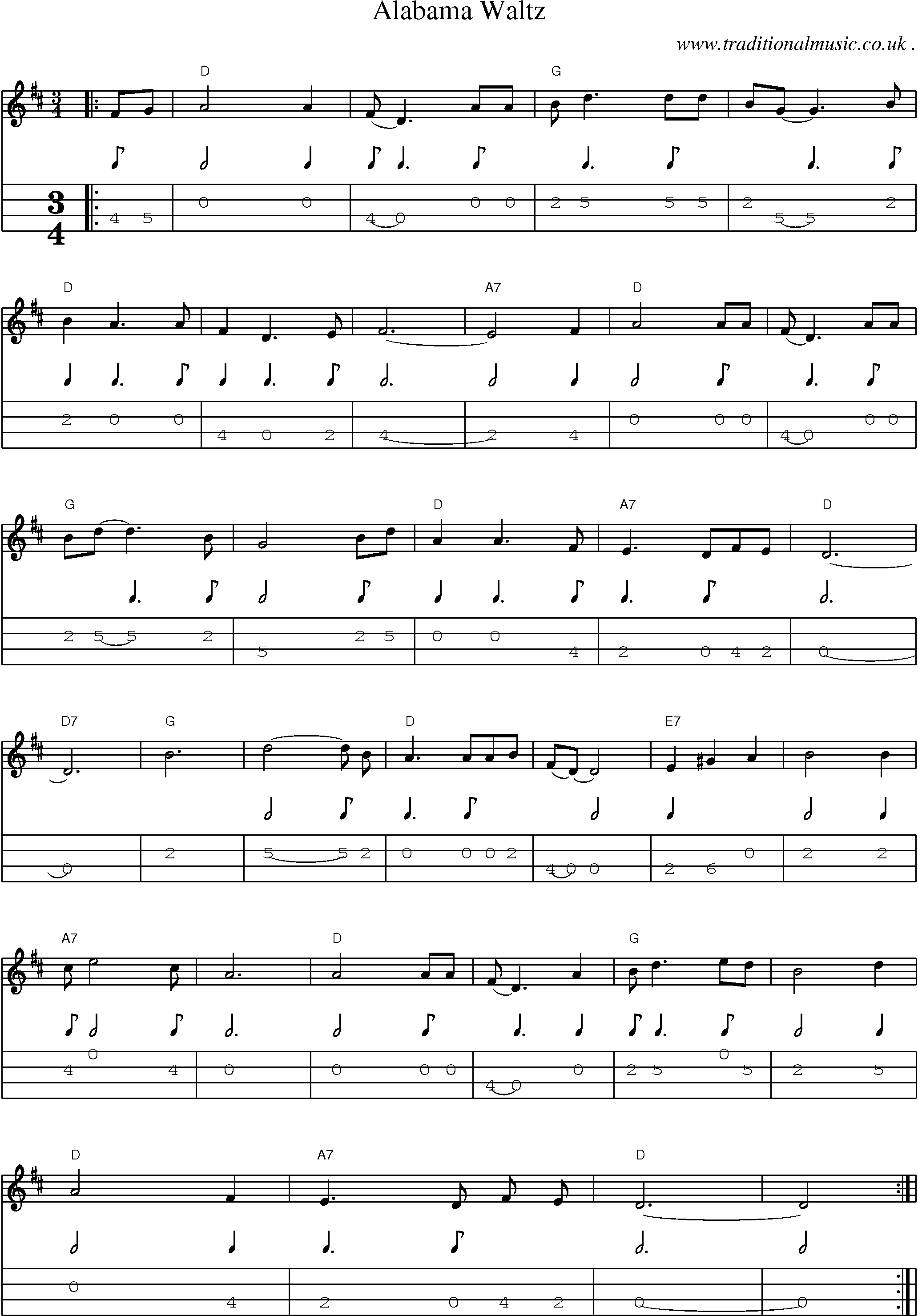 Music Score and Mandolin Tabs for Alabama Waltz