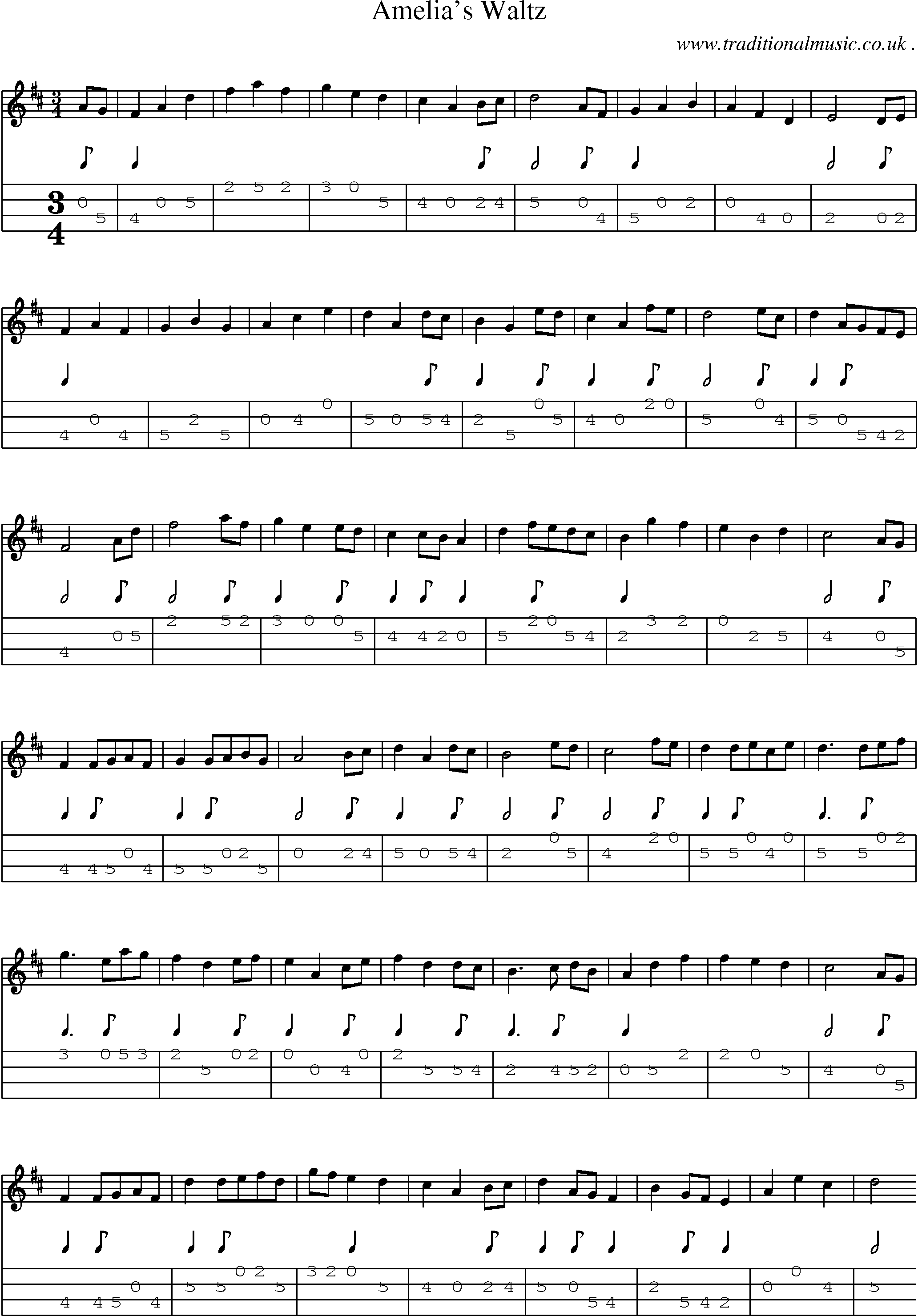 Music Score and Mandolin Tabs for Amelias Waltz