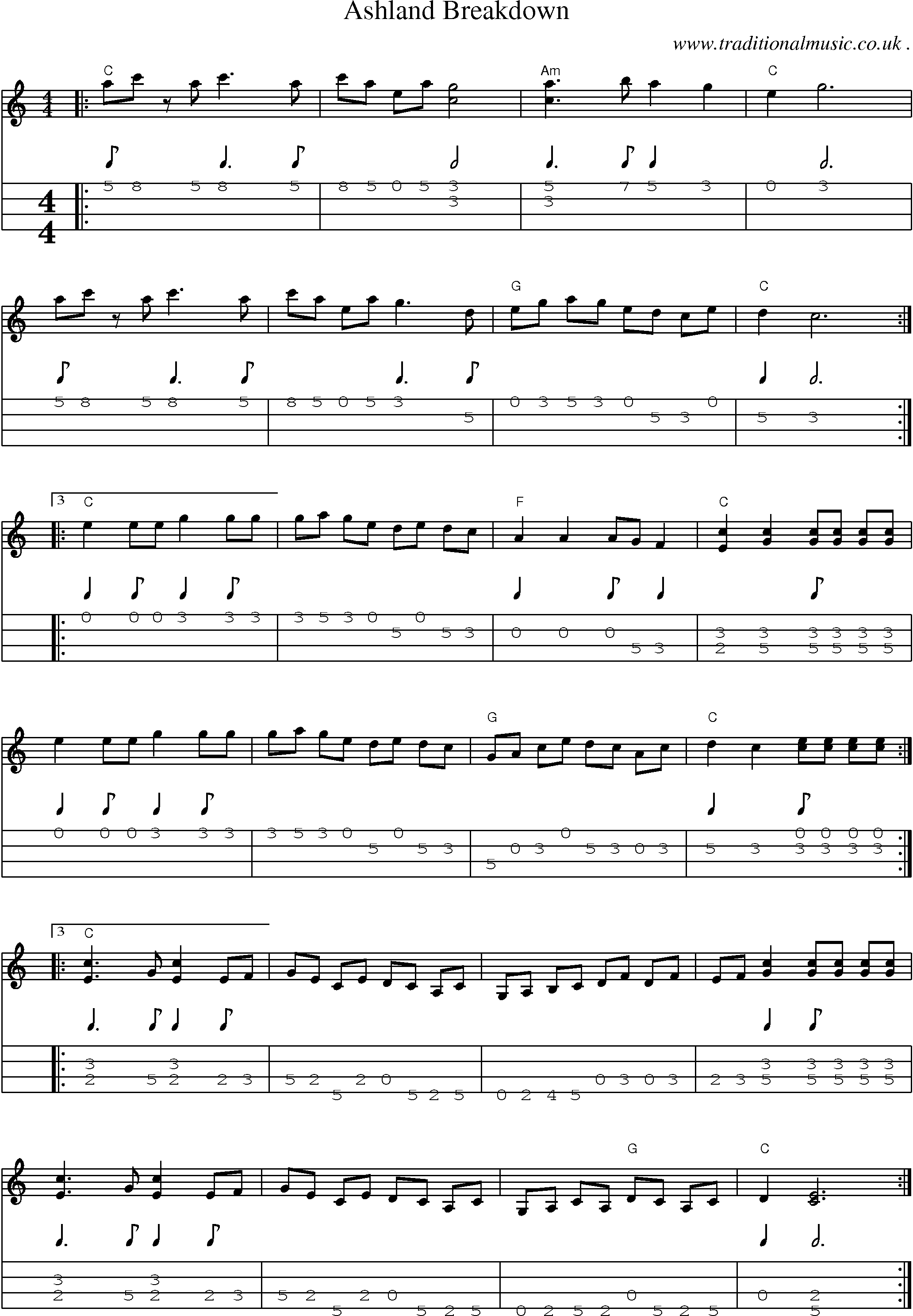 Music Score and Mandolin Tabs for Ashland Breakdown