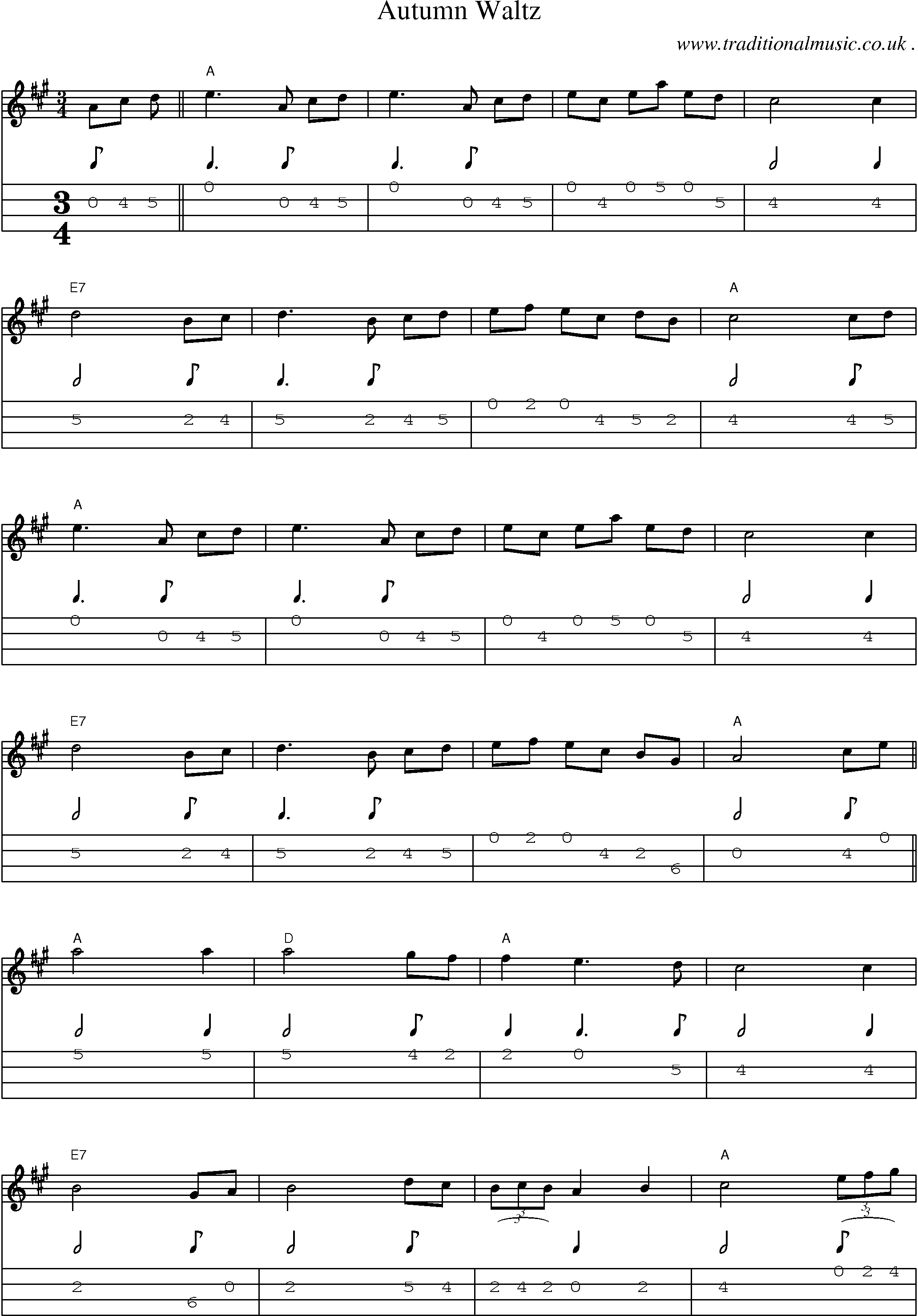 Music Score and Mandolin Tabs for Autumn Waltz