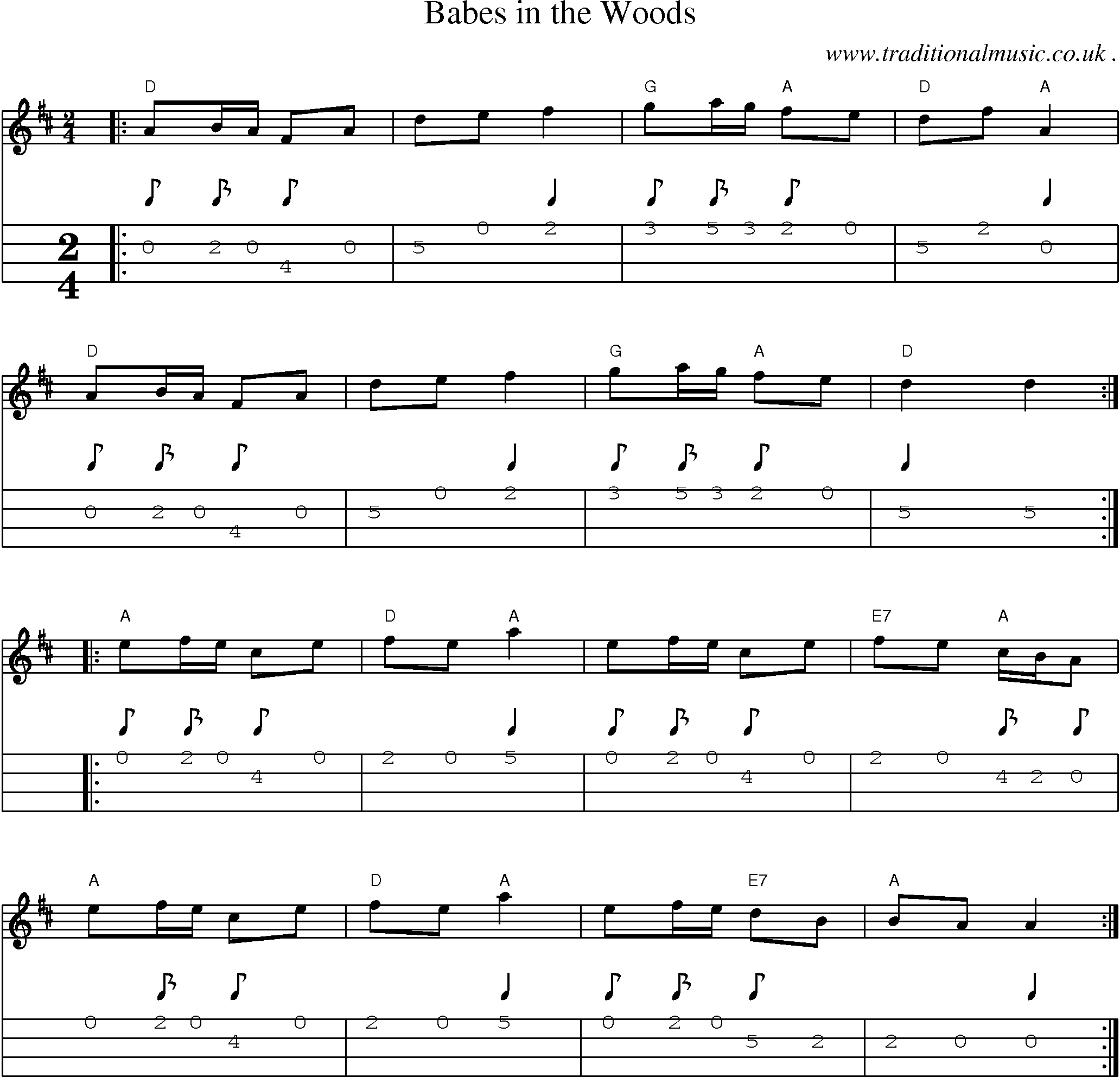 Music Score and Mandolin Tabs for Babes In The Woods