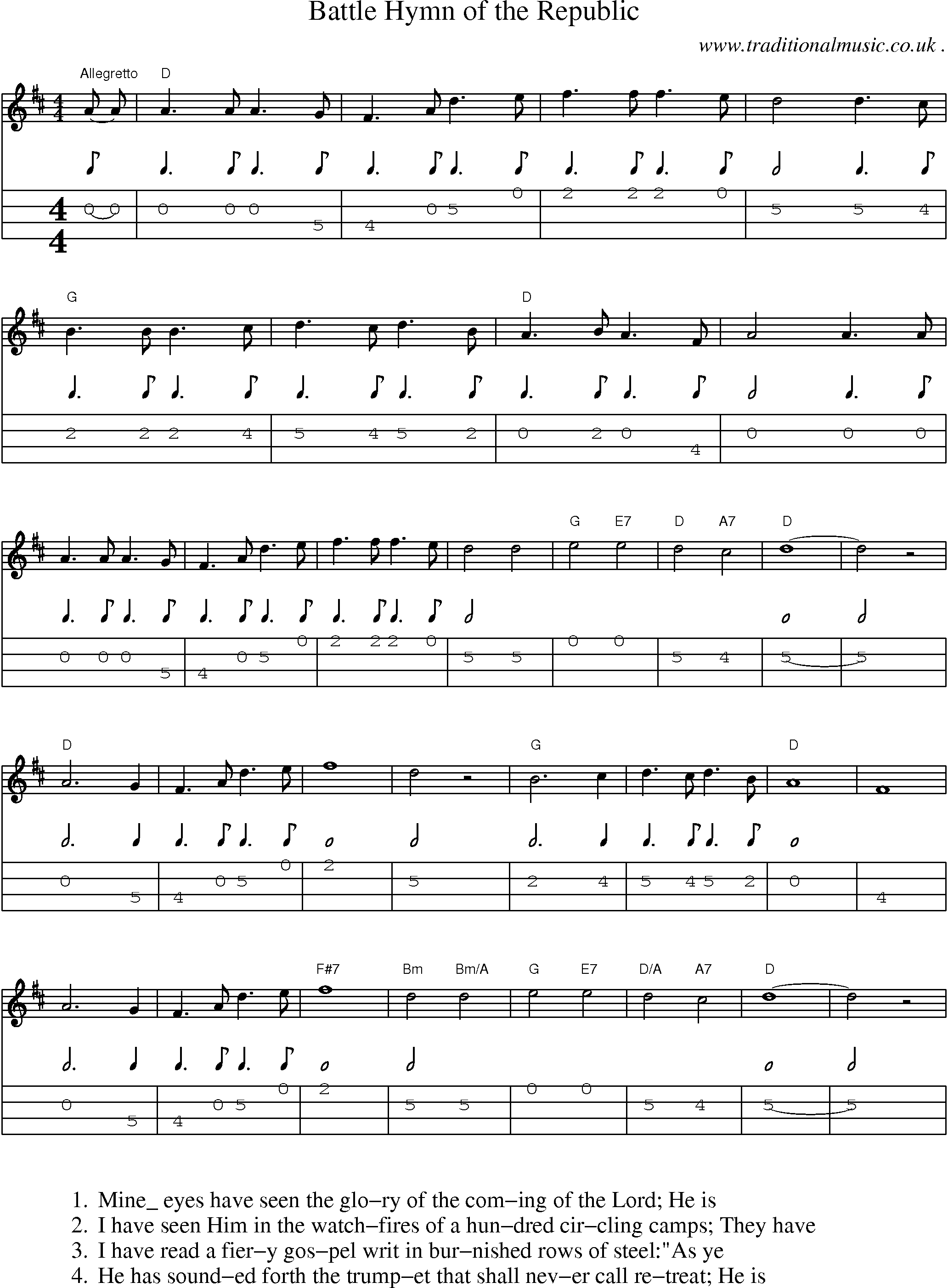 Music Score and Mandolin Tabs for Battle Hymn Of The Republic