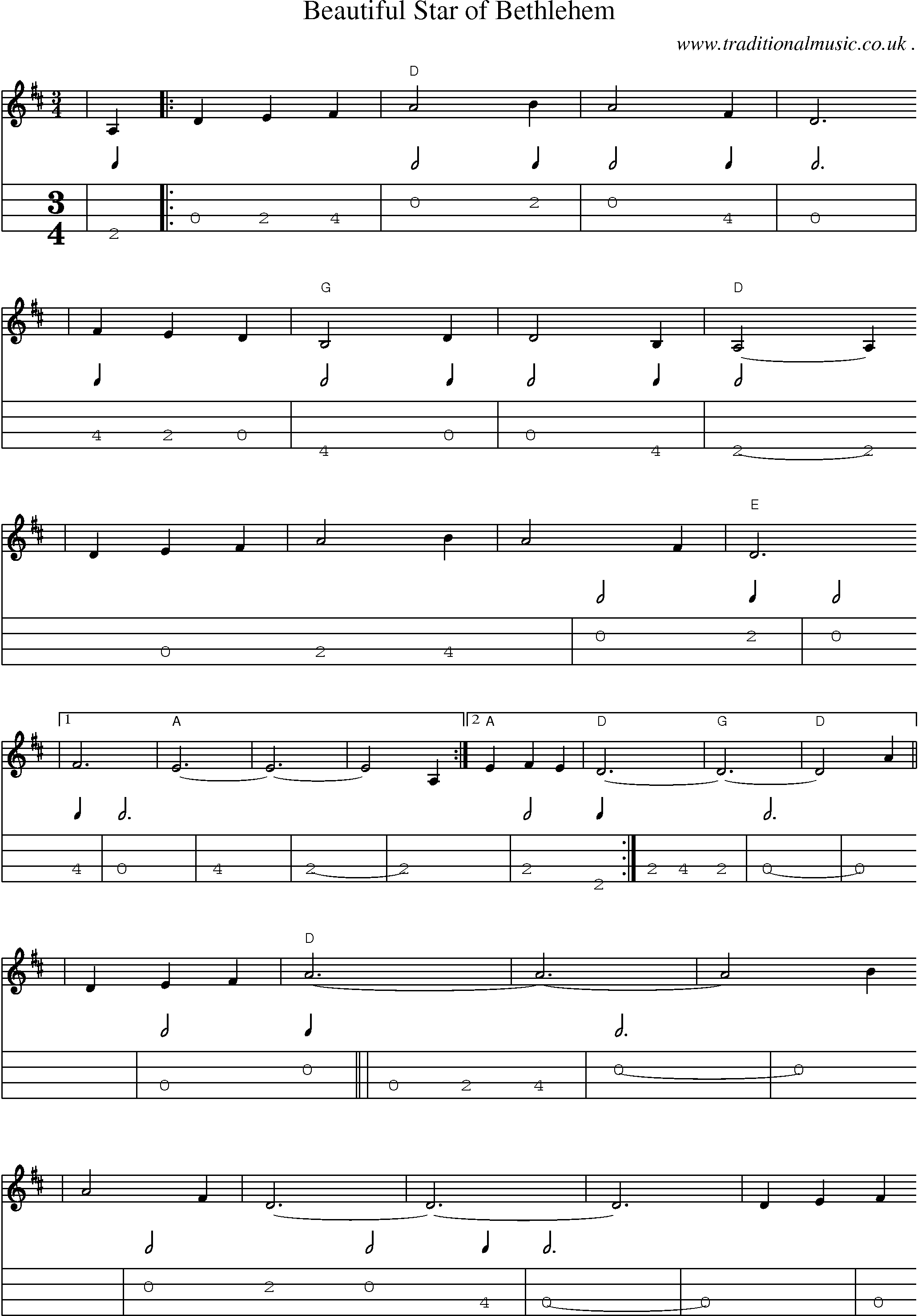 Music Score and Mandolin Tabs for Beautiful Star Of Bethlehem