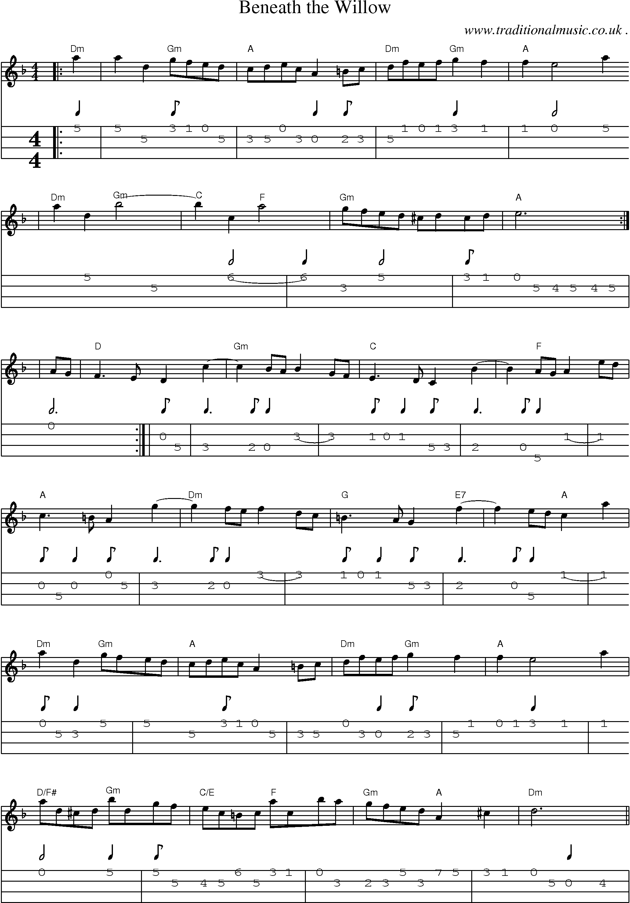 Music Score and Mandolin Tabs for Beneath The Willow