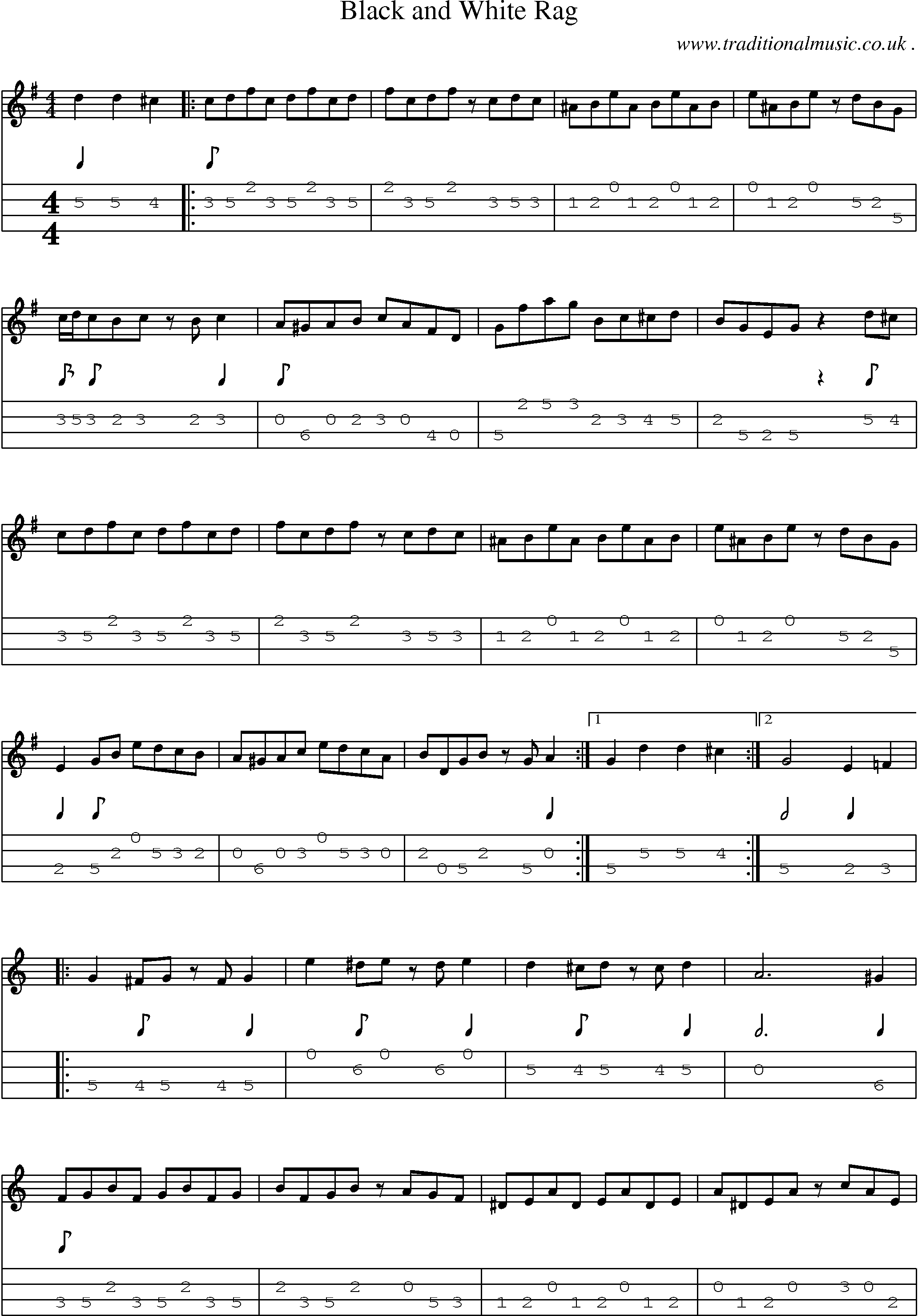 Music Score and Mandolin Tabs for Black And White Rag