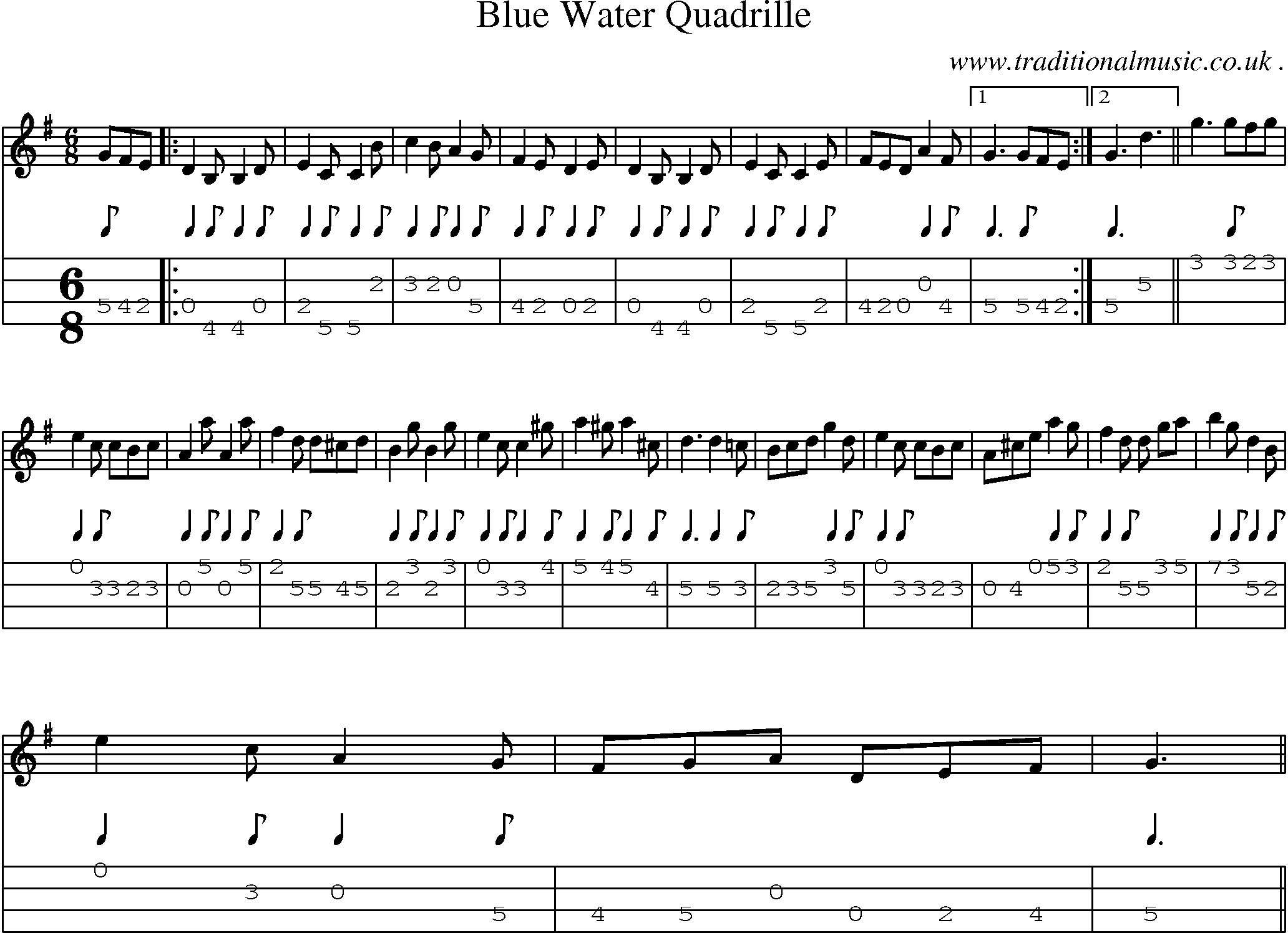 Music Score and Mandolin Tabs for Blue Water Quadrille