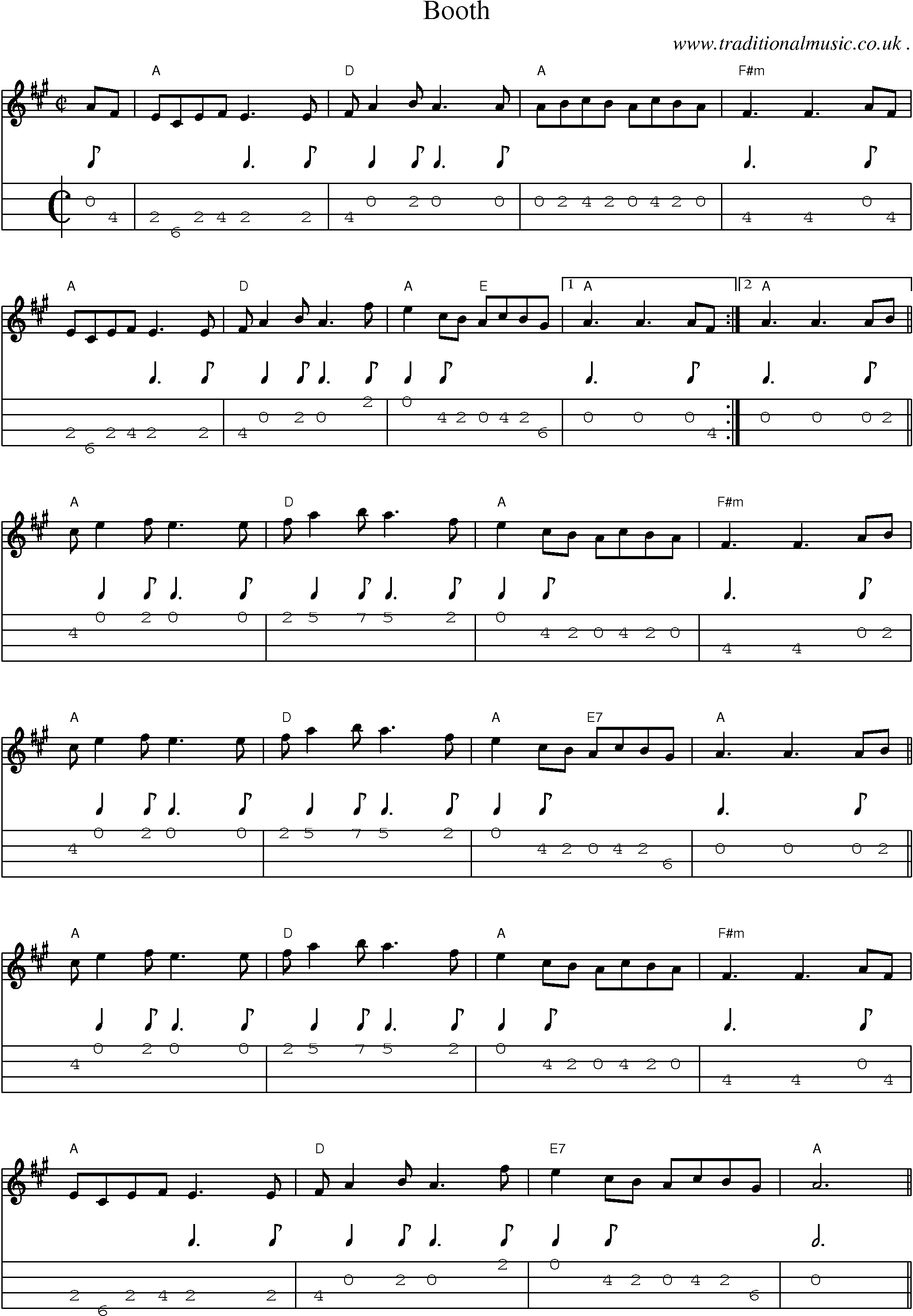Music Score and Mandolin Tabs for Booth