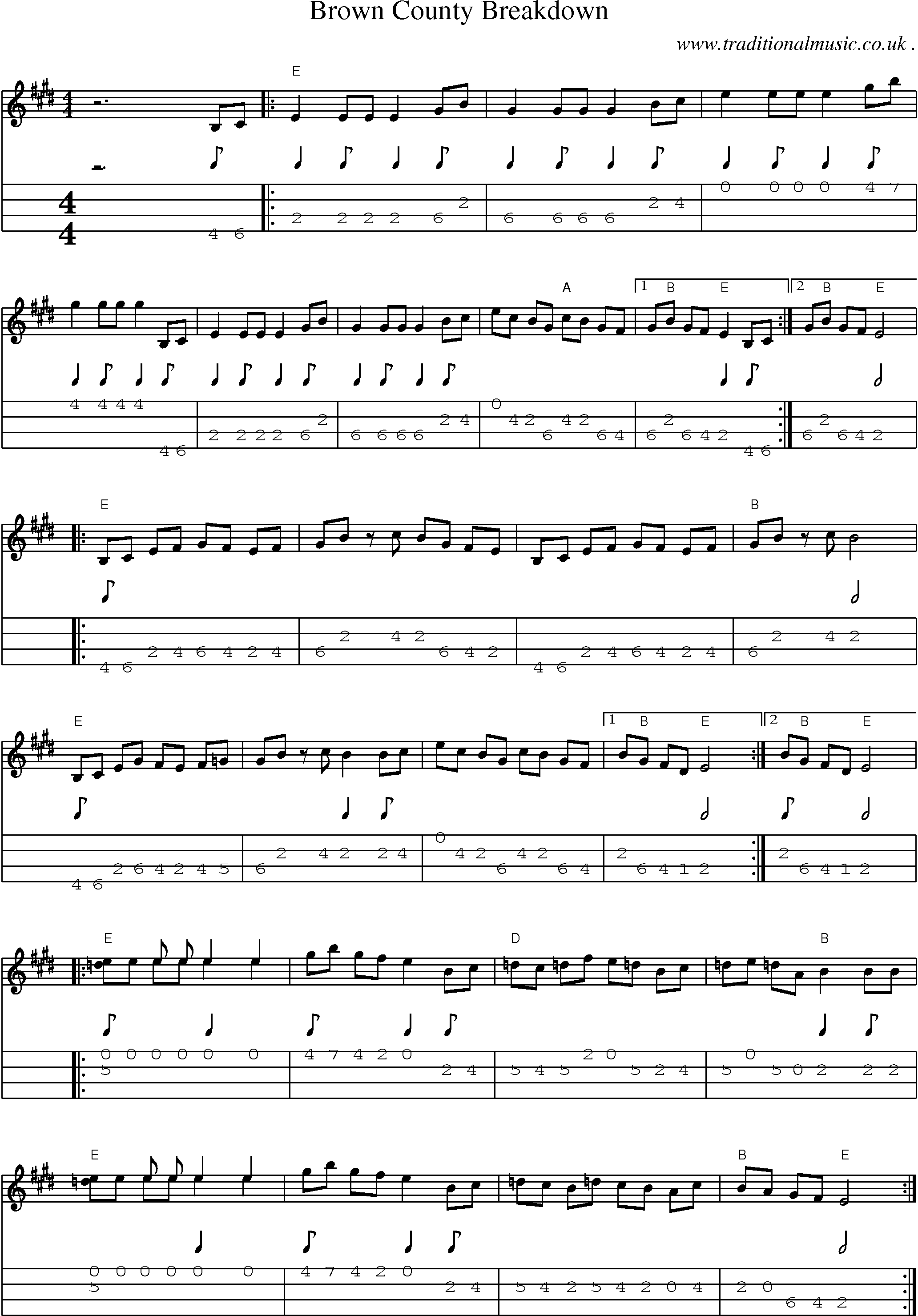 Music Score and Mandolin Tabs for Brown County Breakdown