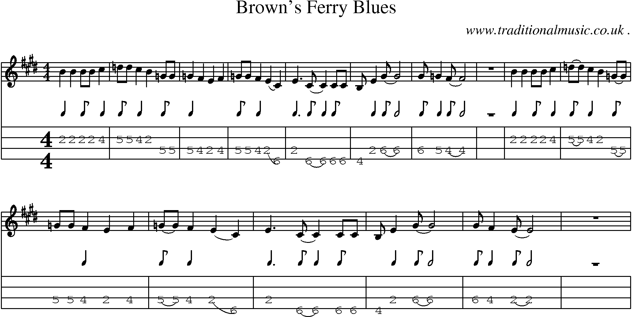 Music Score and Mandolin Tabs for Browns Ferry Blues