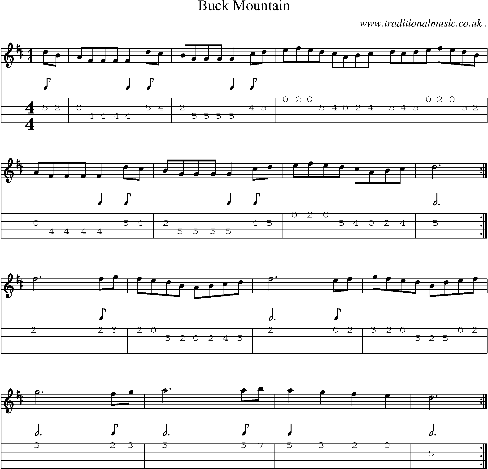 Music Score and Mandolin Tabs for Buck Mountain
