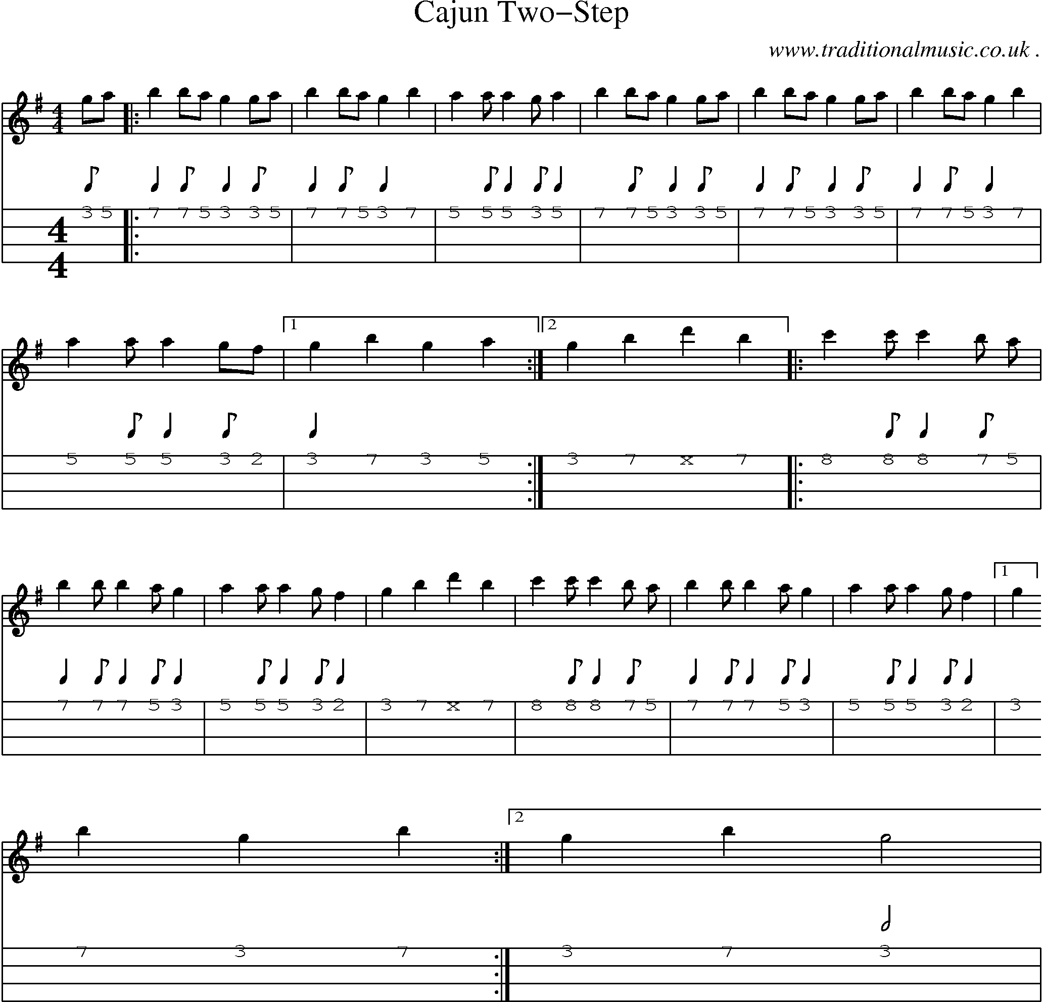 Music Score and Mandolin Tabs for Cajun Two-step